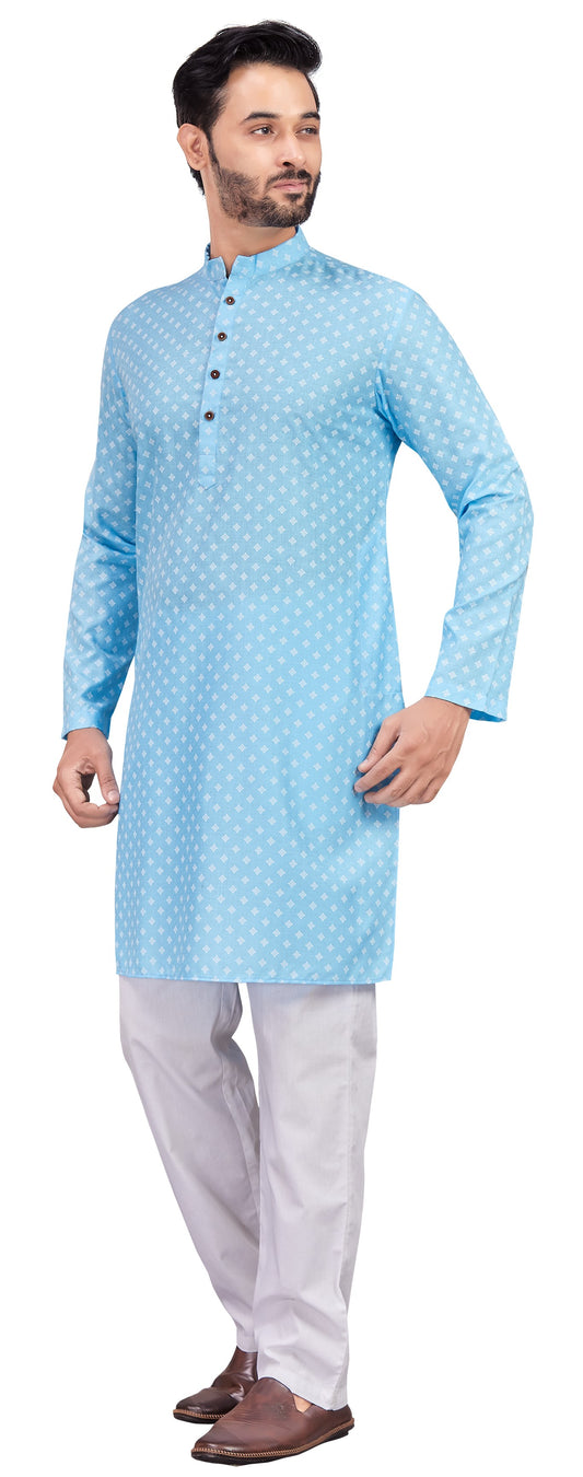 Men's Sky Blue Cotton Blend Printed Knee Length Kurta (Design 190)