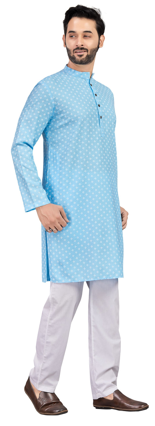 Men's Sky Blue Cotton Blend Printed Knee Length Kurta (Design 190)