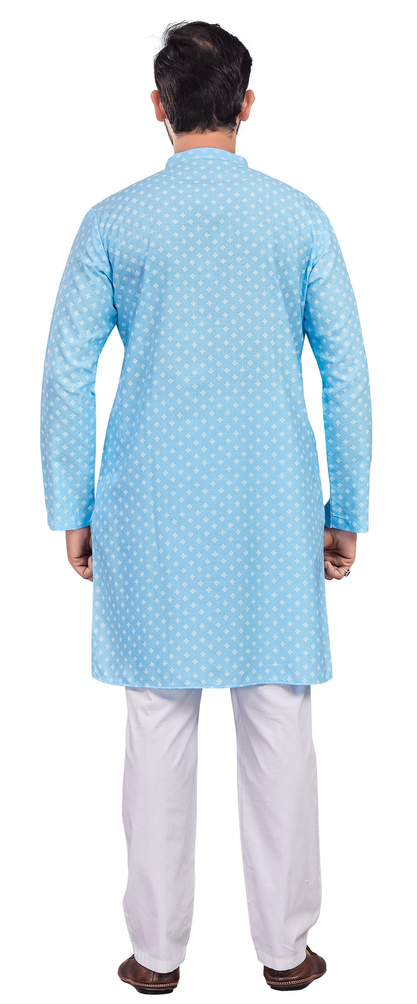 Men's Sky Blue Cotton Blend Printed Knee Length Kurta (Design 190)