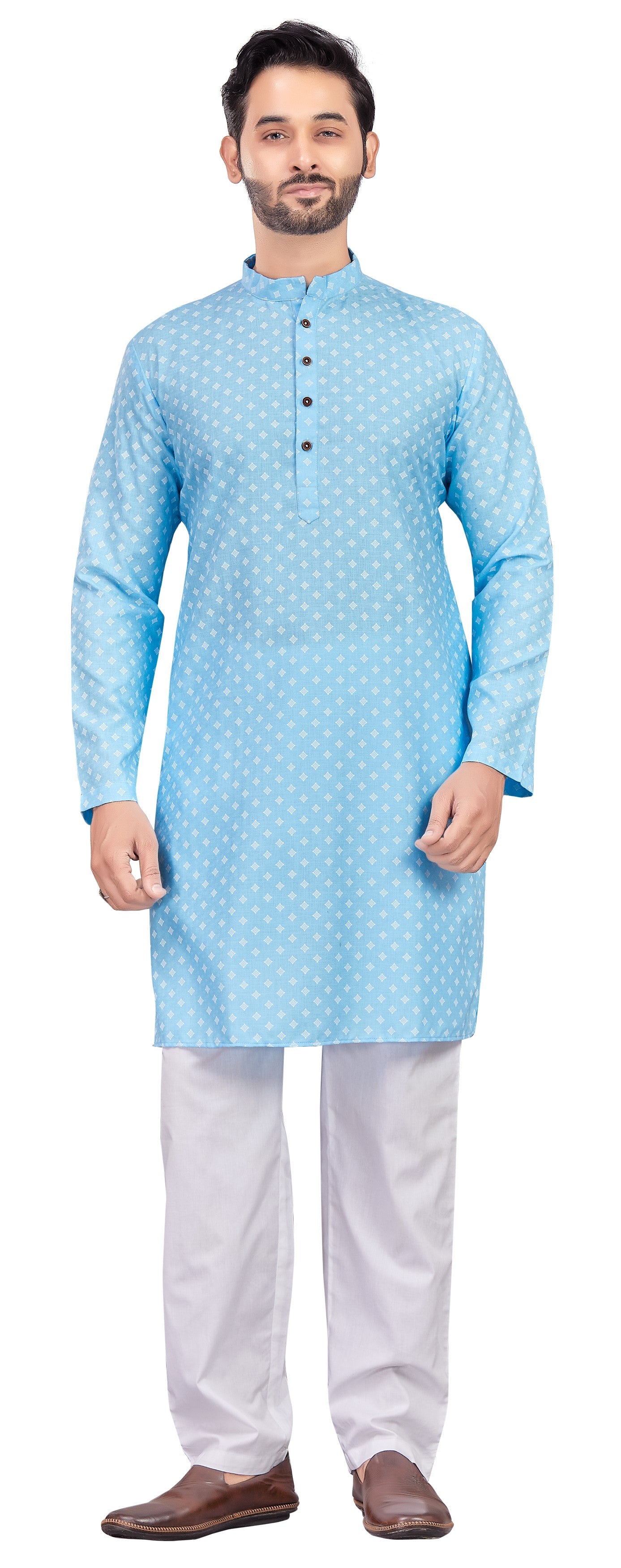 Men's Sky Blue Cotton Blend Printed Knee Length Kurta (Design 190)