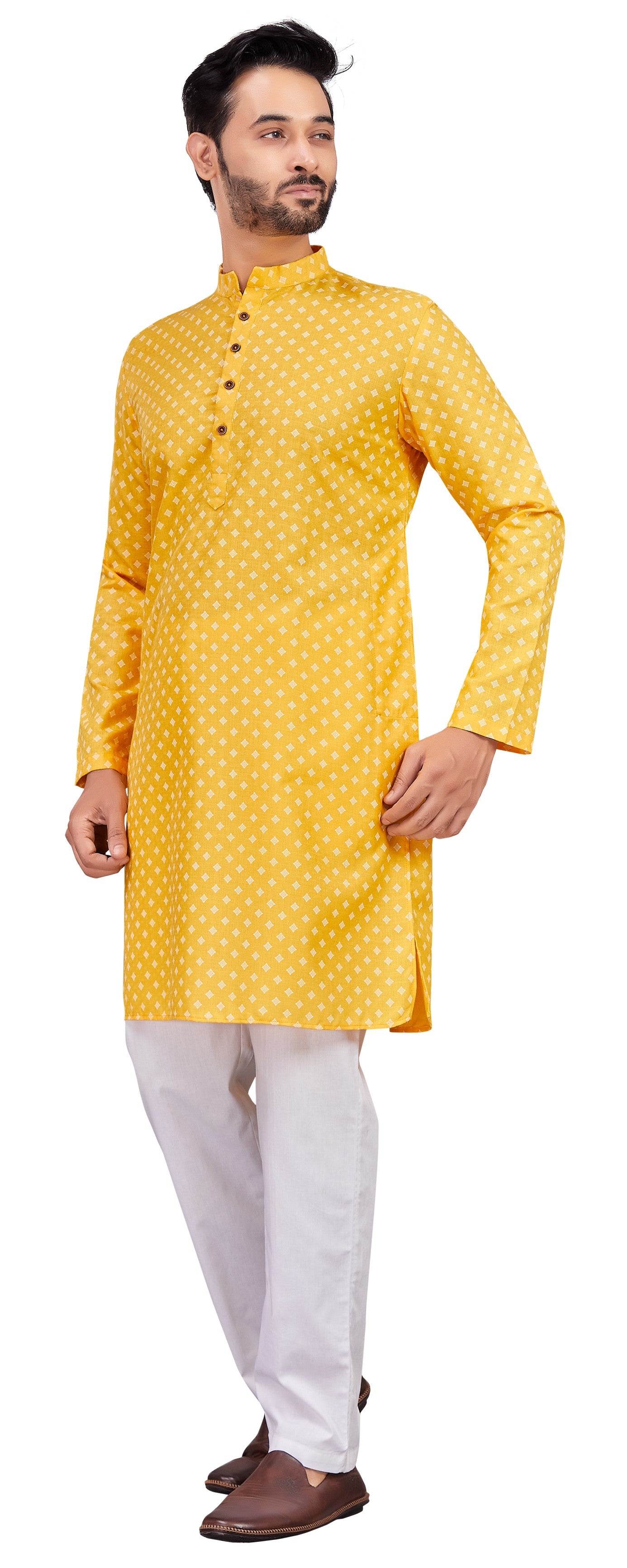 Men's Yellow Cotton Blend Printed Knee Length Kurta (Design 190)