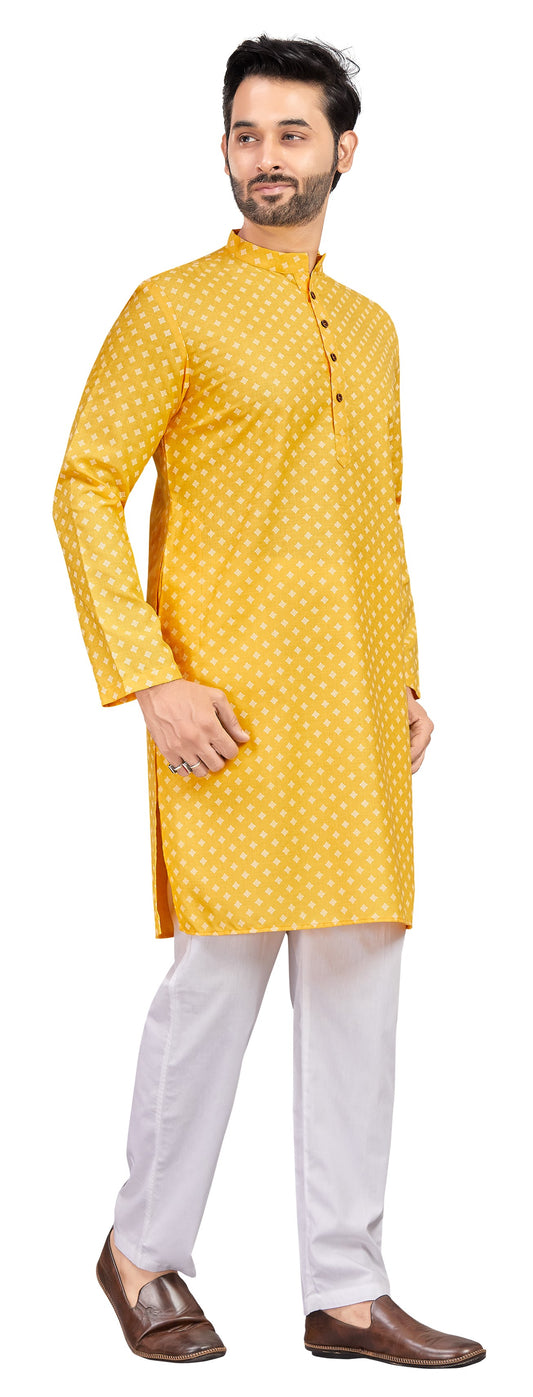 Men's Yellow Cotton Blend Printed Knee Length Kurta (Design 190)