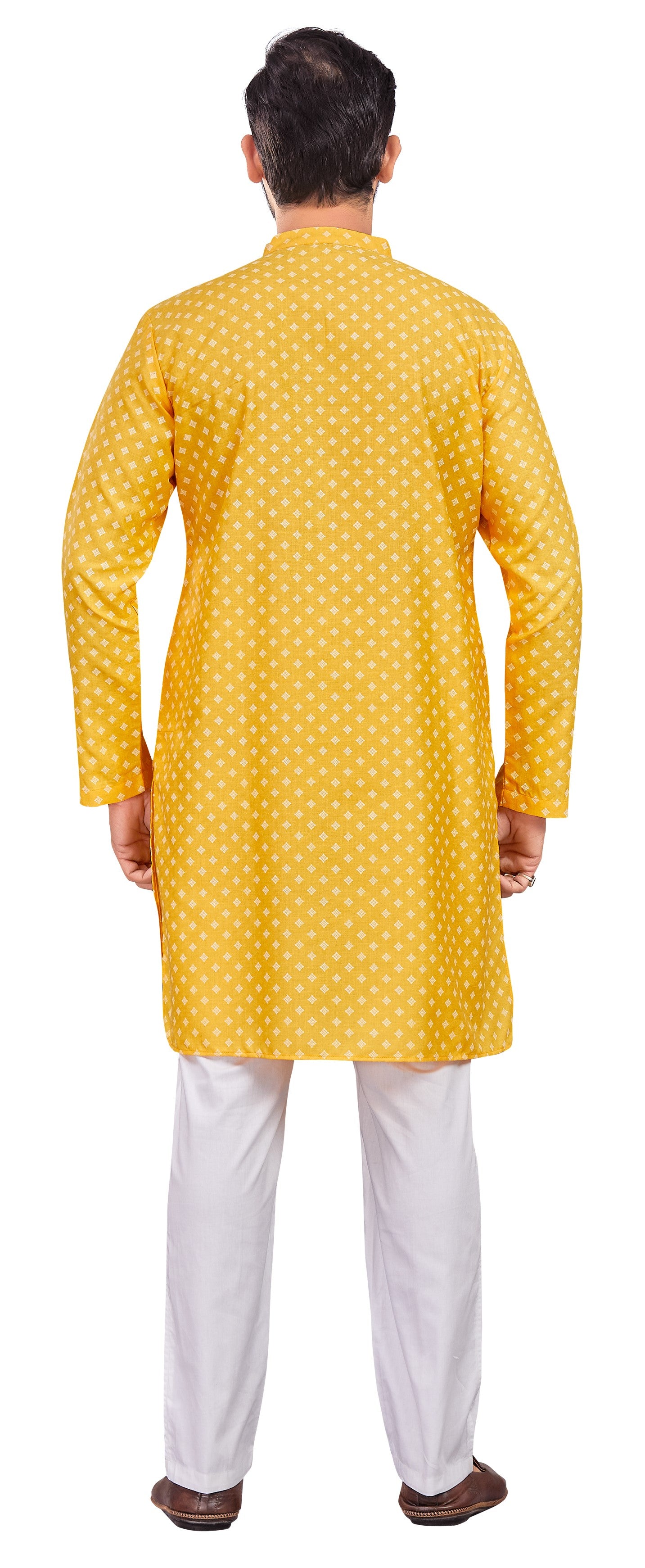 Men's Yellow Cotton Blend Printed Knee Length Kurta (Design 190)