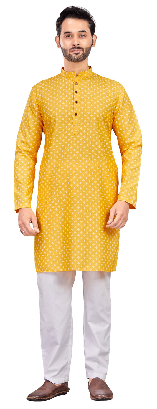 Men's Yellow Cotton Blend Printed Knee Length Kurta (Design 190)