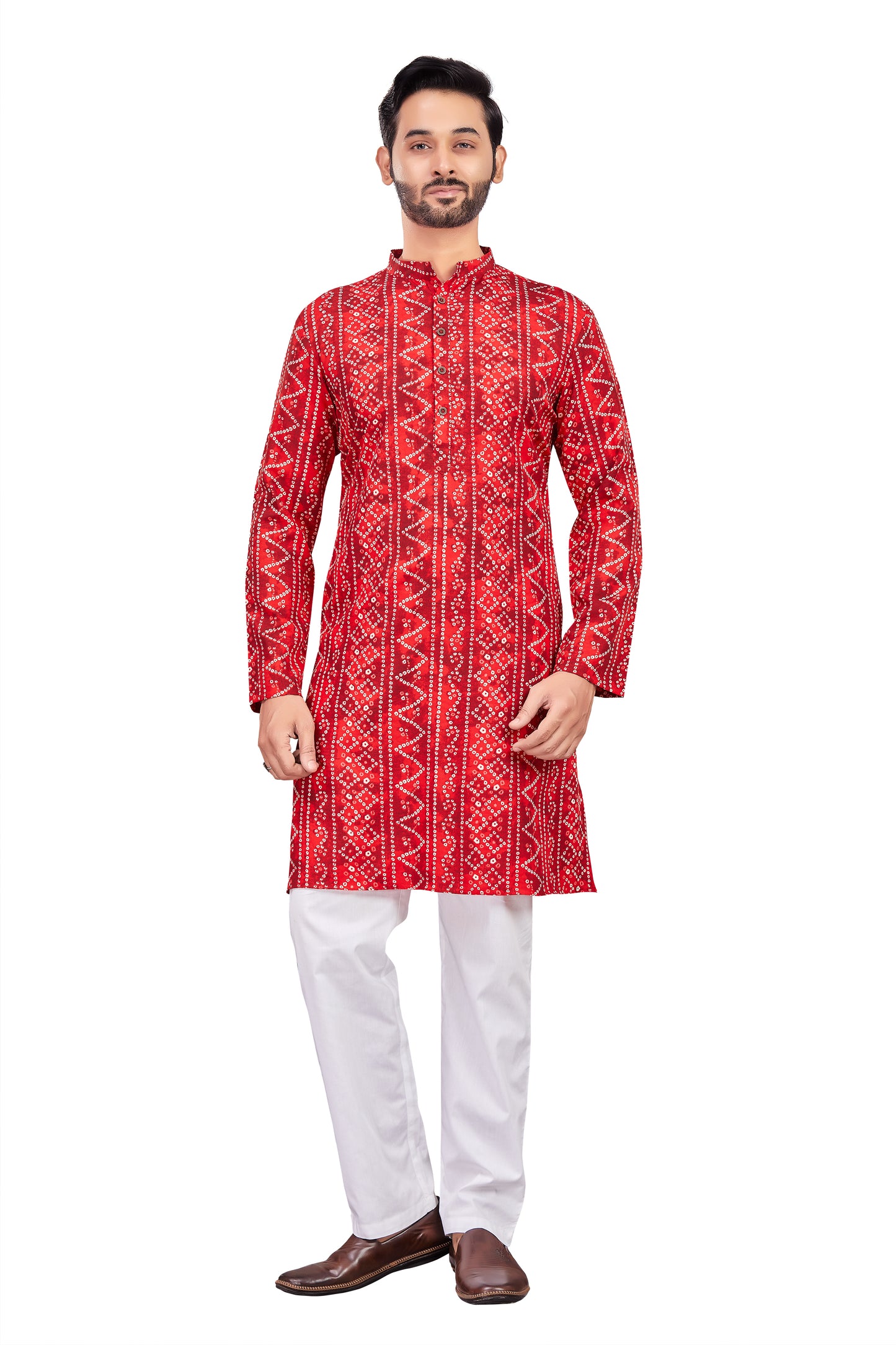 Men's Red Polyester Bandhni Print Knee Length Relax Fit Relaxed Fit Kurta (Design 191)