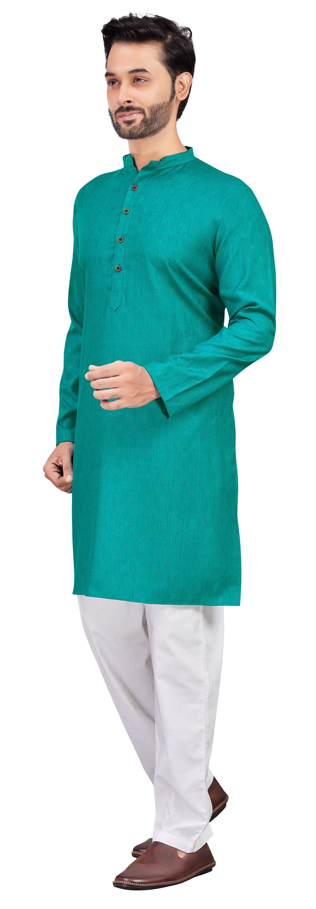 Men's Blue Cotton Blended Jacquard Knee Length Kurta (Design 193)