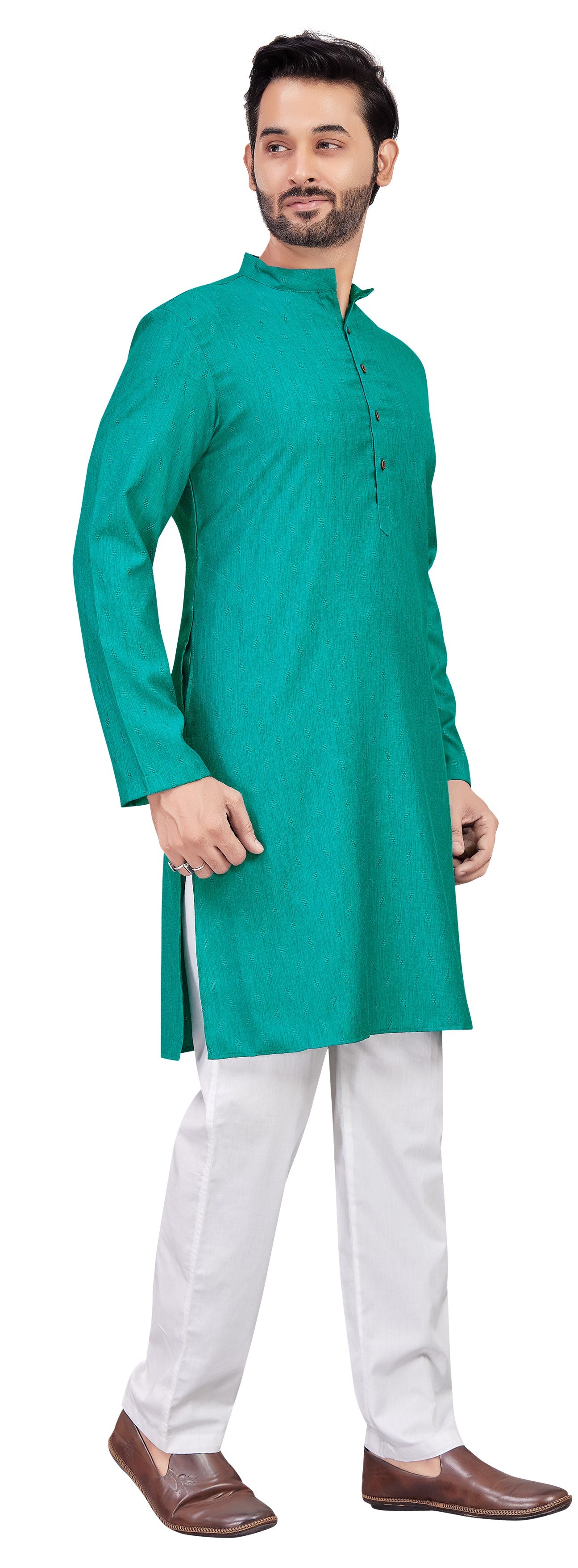 Men's Blue Cotton Blended Jacquard Knee Length Kurta (Design 193)
