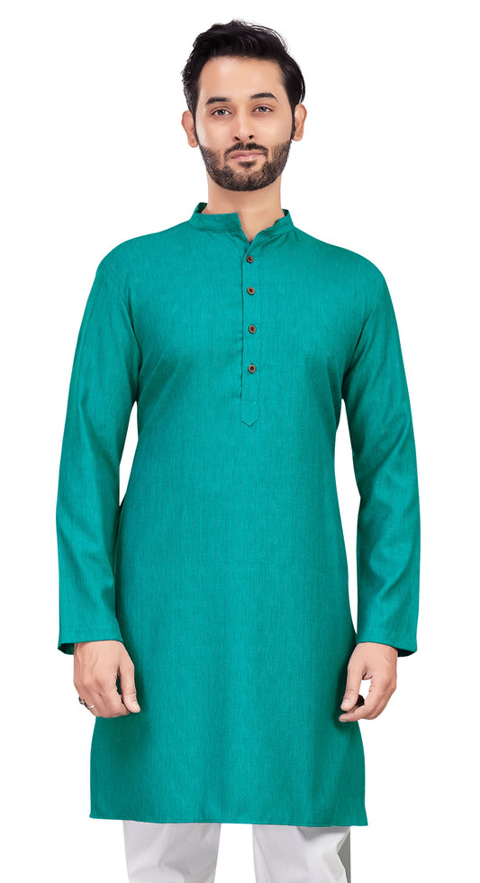 Men's Blue Cotton Blended Jacquard Knee Length Kurta (Design 193)