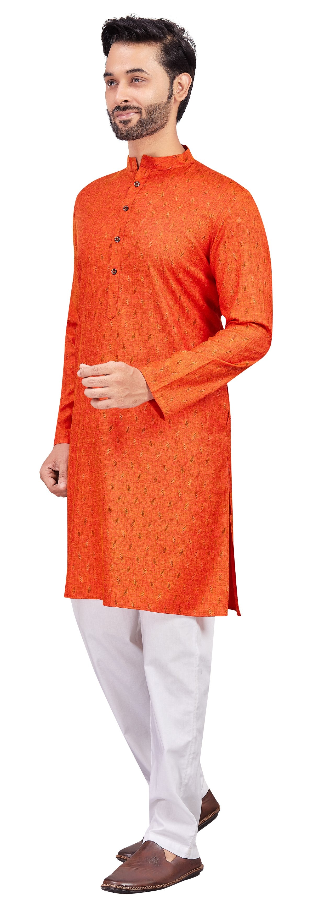 Men's Orange Cotton Blended Jacquard Knee Length Kurta (Design 193)