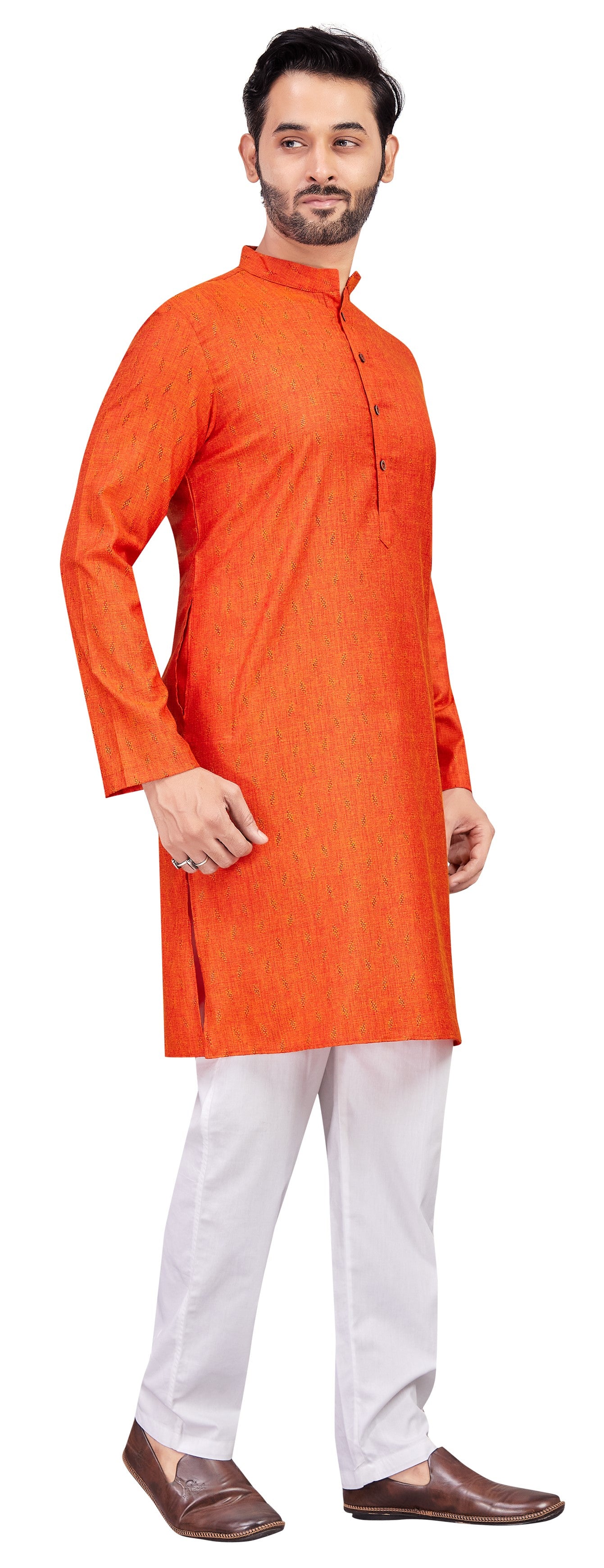 Men's Orange Cotton Blended Jacquard Knee Length Kurta (Design 193)