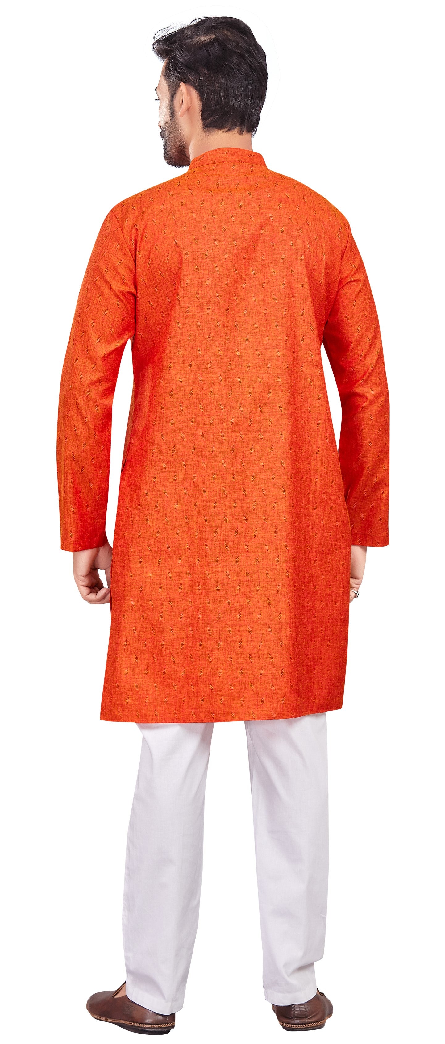 Men's Orange Cotton Blended Jacquard Knee Length Kurta (Design 193)