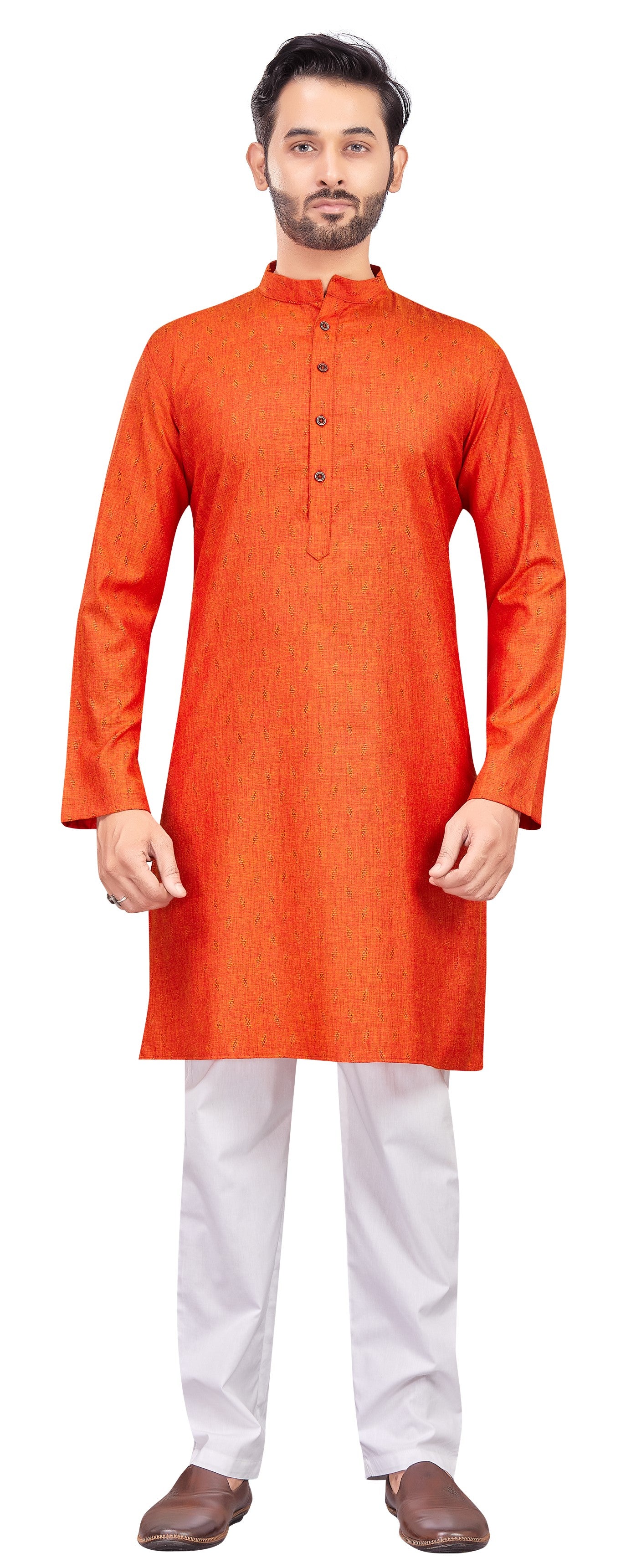Men's Orange Cotton Blended Jacquard Knee Length Kurta (Design 193)