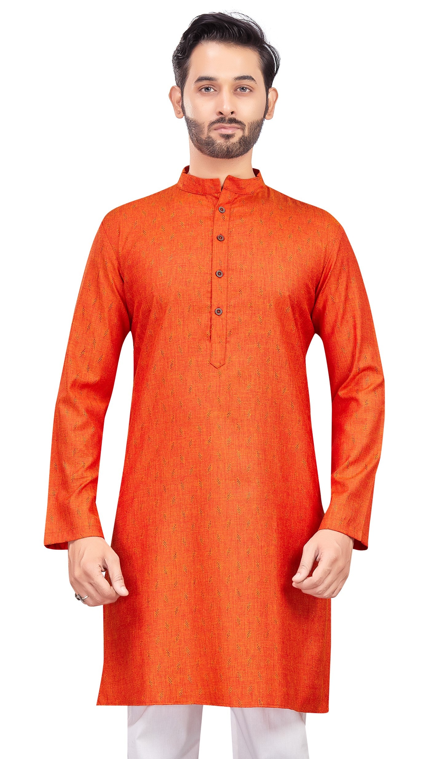 Men's Orange Cotton Blended Jacquard Knee Length Kurta (Design 193)
