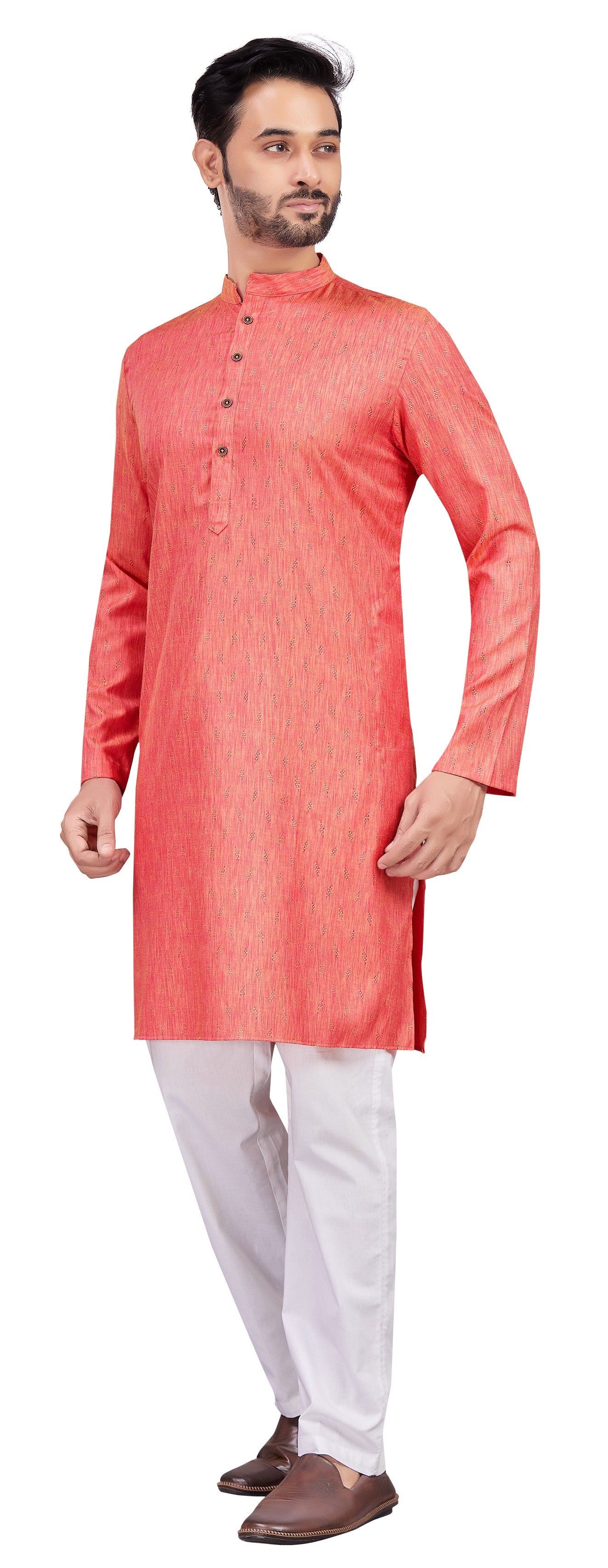 Men's Pink Cotton Blended Jacquard Knee Length Kurta (Design 193)