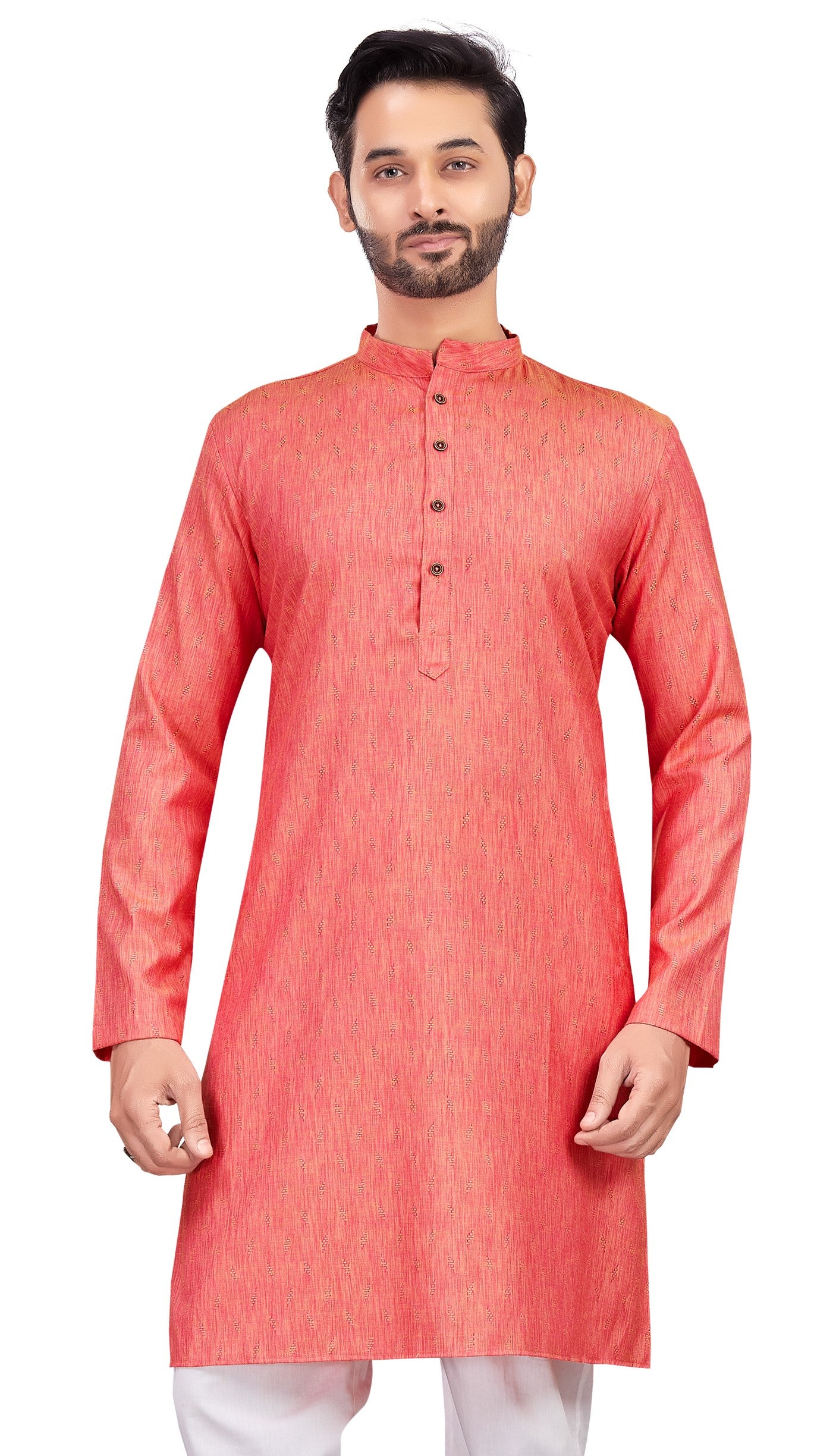Men's Pink Cotton Blended Jacquard Knee Length Kurta (Design 193)