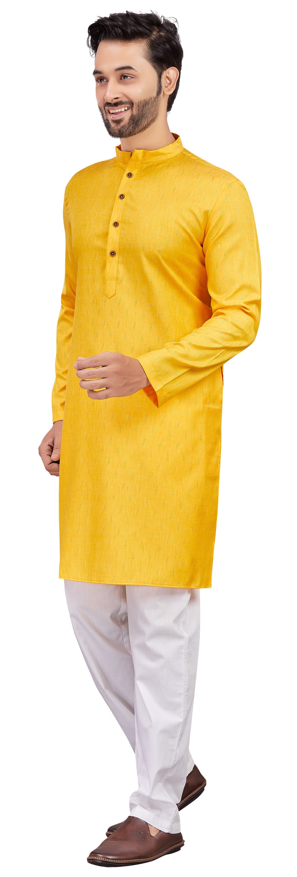 Men's Yellow Cotton Blended Jacquard Knee Length Kurta (Design 193)