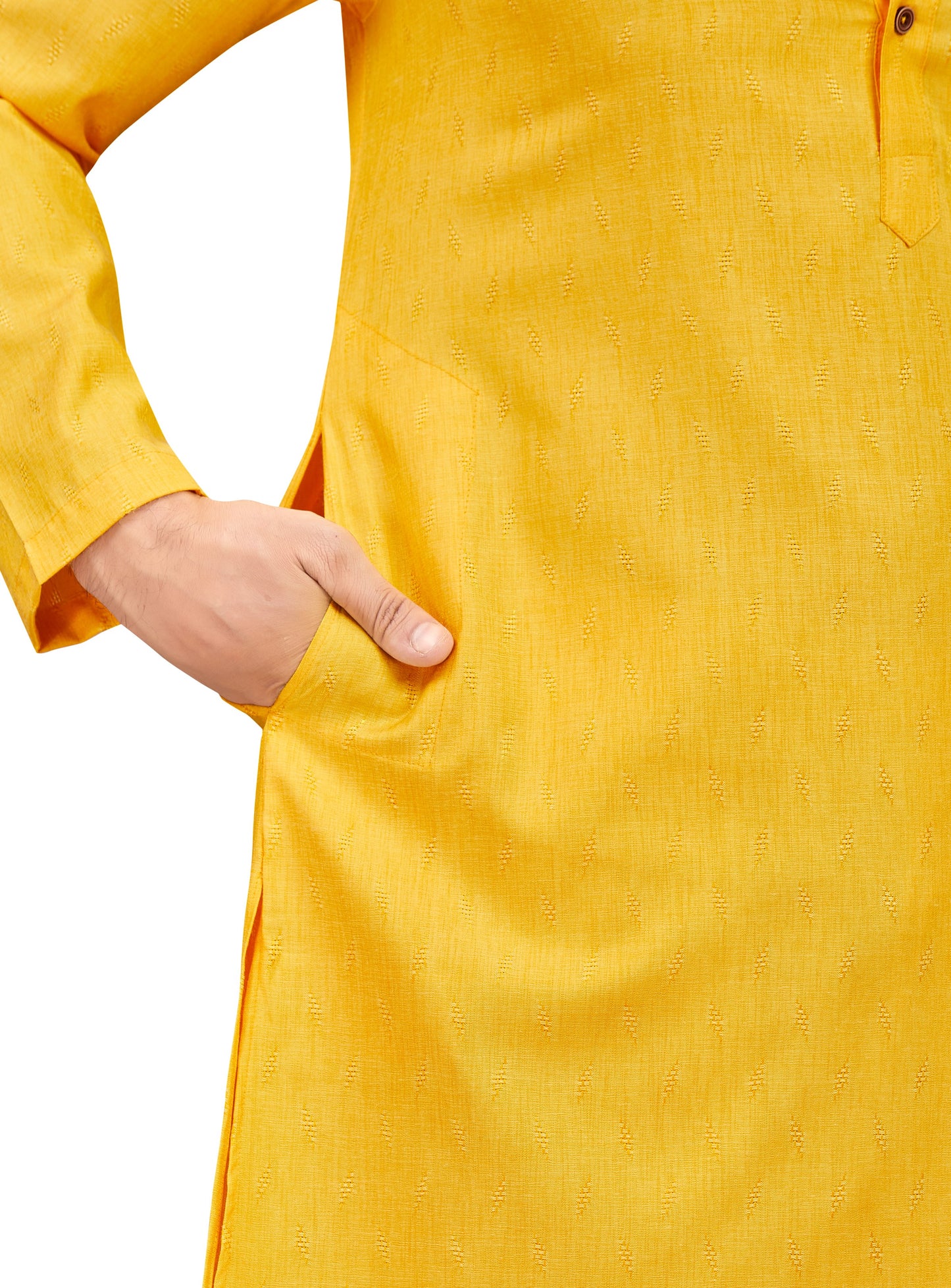 Men's Yellow Cotton Blended Jacquard Knee Length Kurta (Design 193)