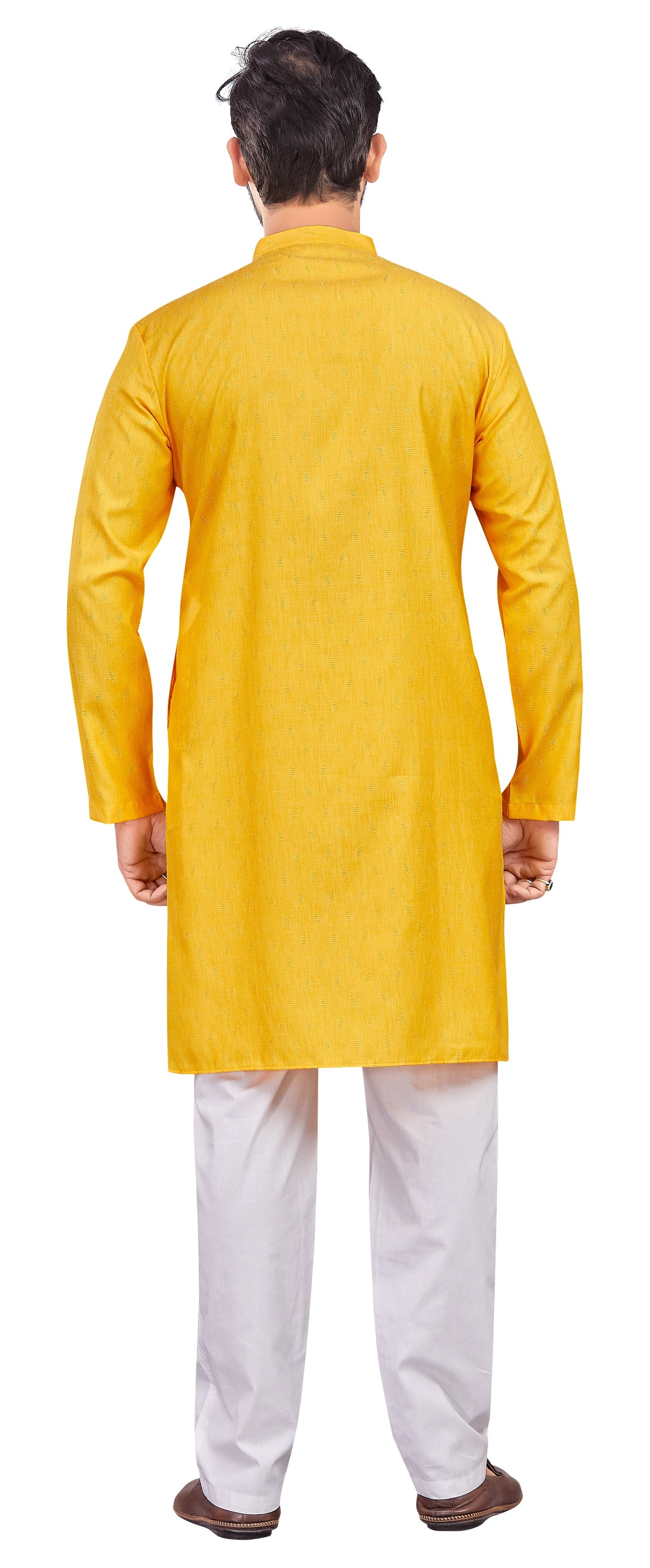 Men's Yellow Cotton Blended Jacquard Knee Length Kurta (Design 193)