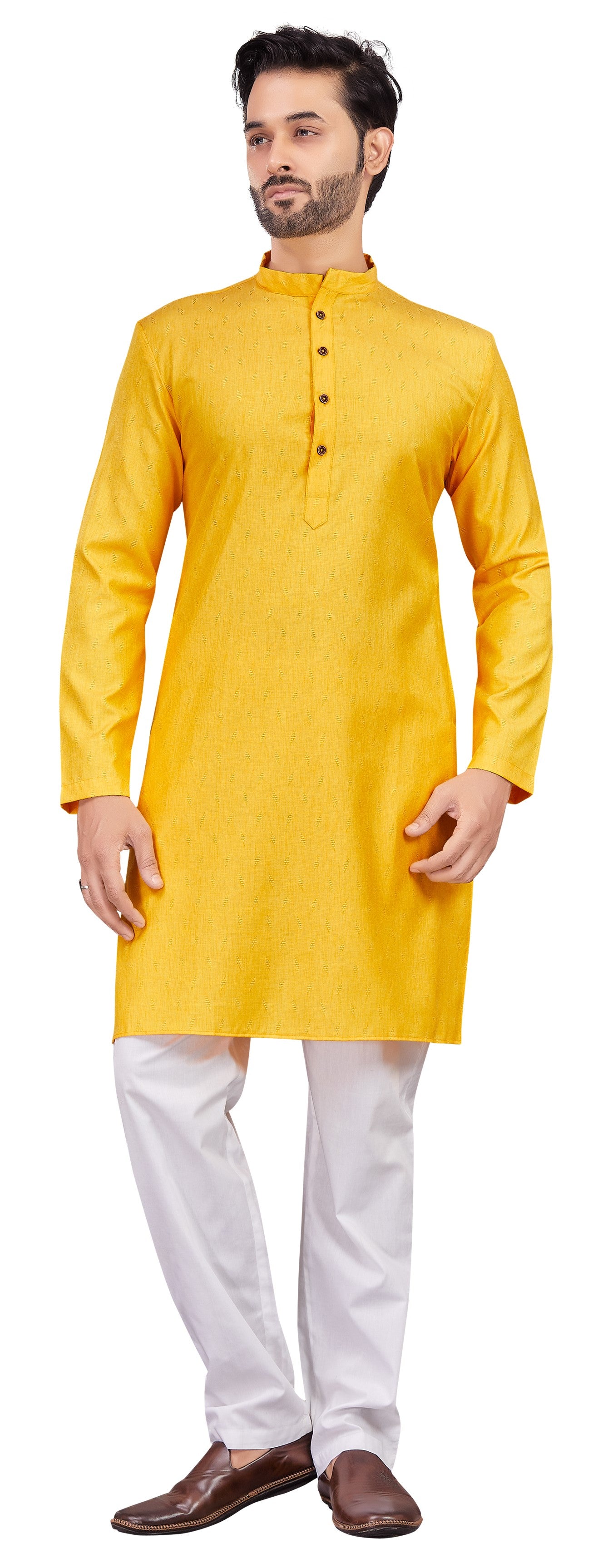 Men's Yellow Cotton Blended Jacquard Knee Length Kurta (Design 193)