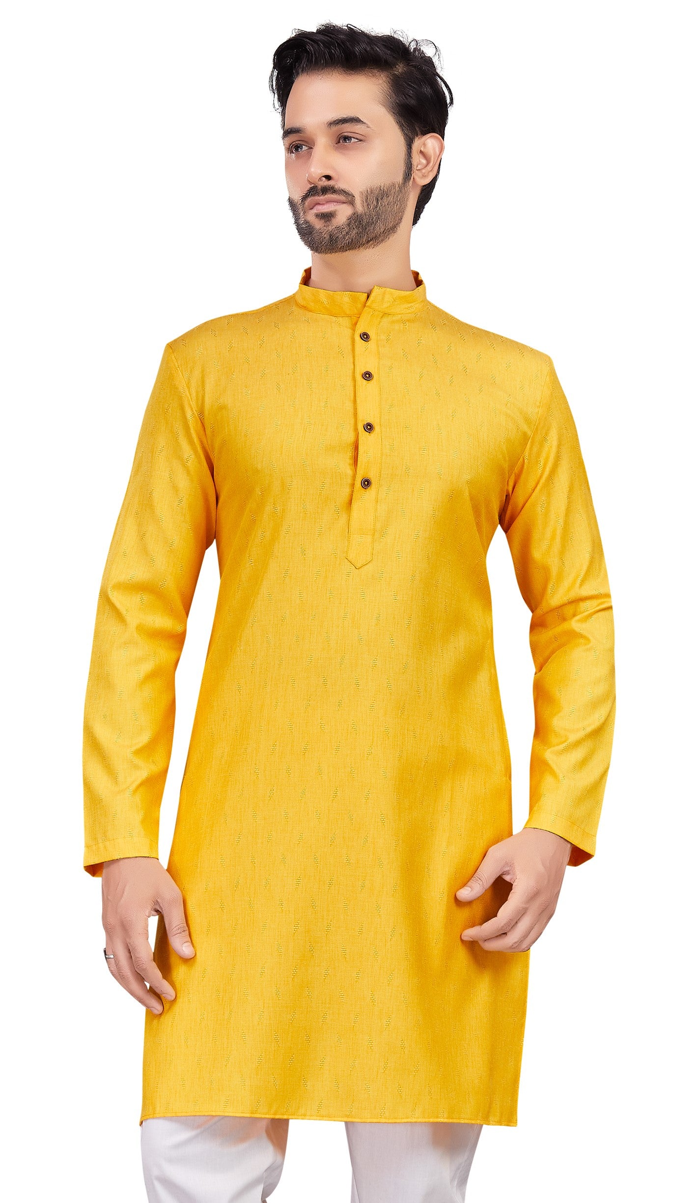 Men's Yellow Cotton Blended Jacquard Knee Length Kurta (Design 193)