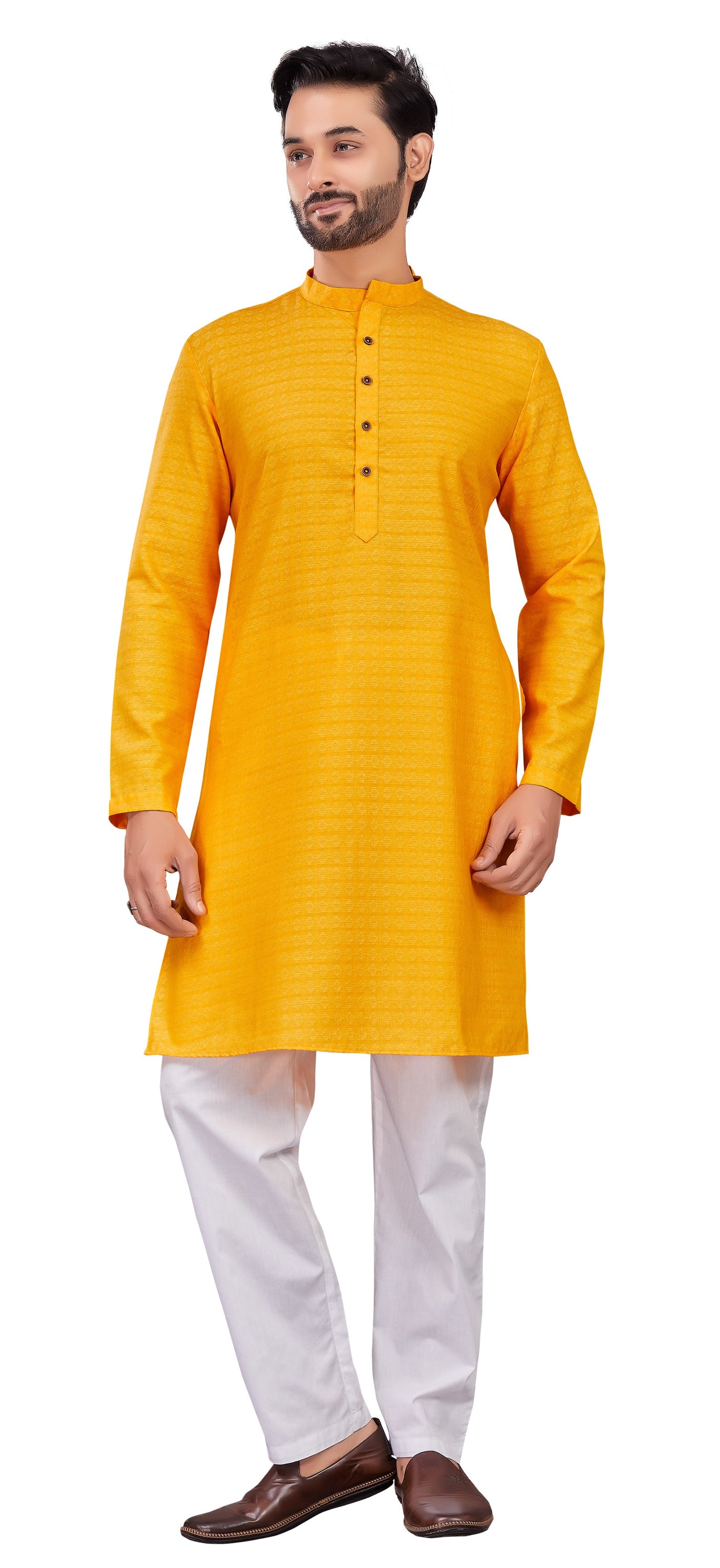 Men's Yellow Cotton Blended Jacquard Knee Length Kurta (Design 194)
