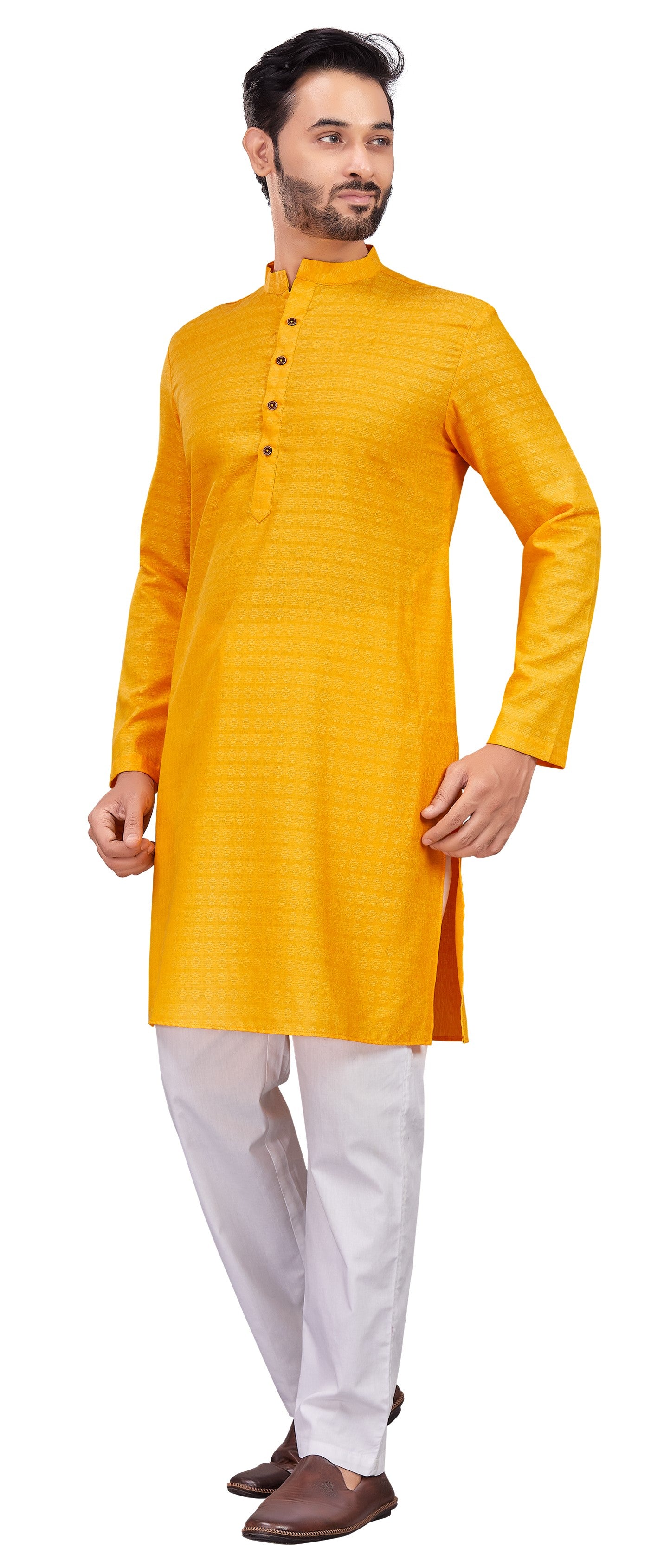 Men's Yellow Cotton Blended Jacquard Knee Length Kurta (Design 194)