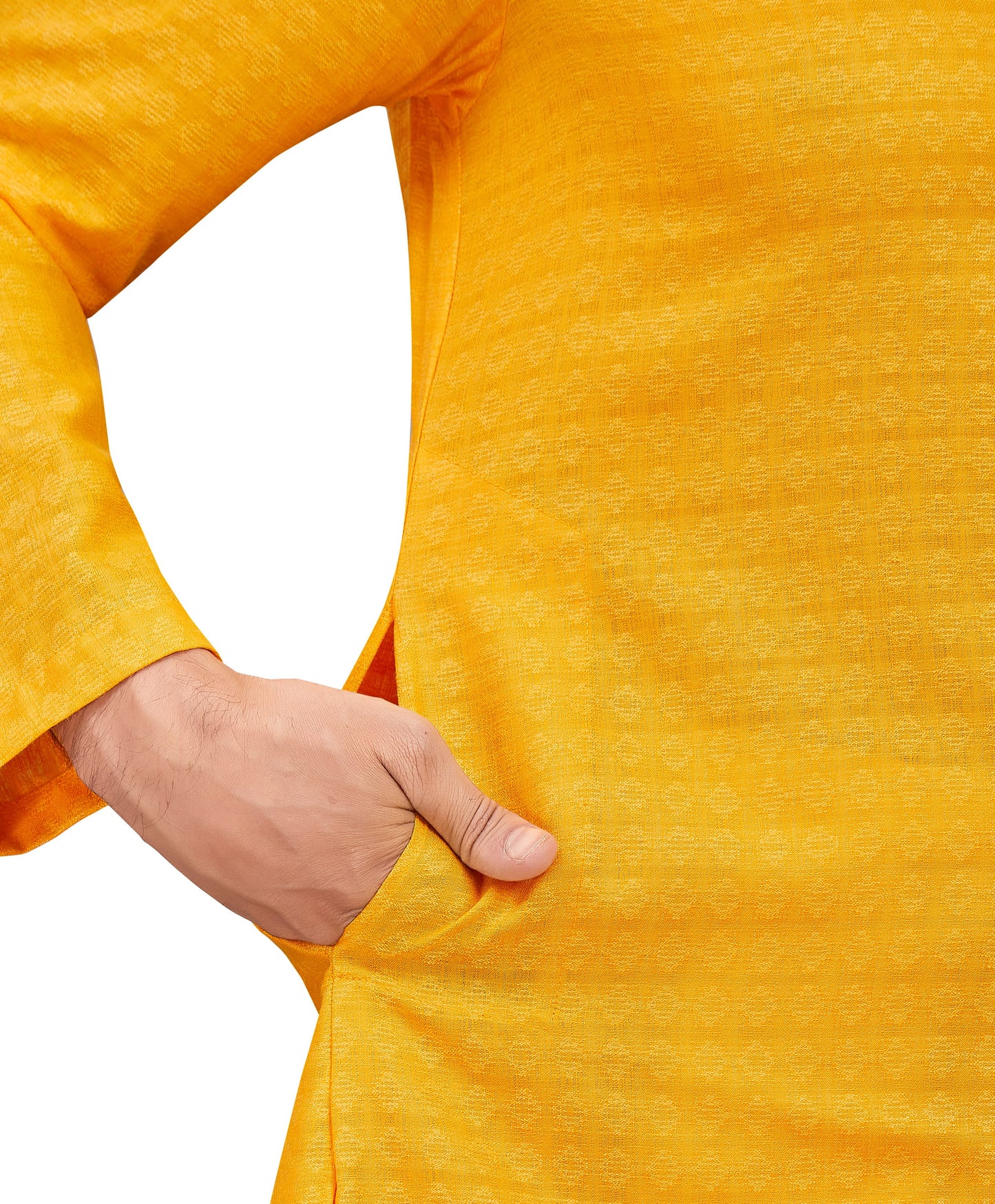 Men's Yellow Cotton Blended Jacquard Knee Length Kurta (Design 194)