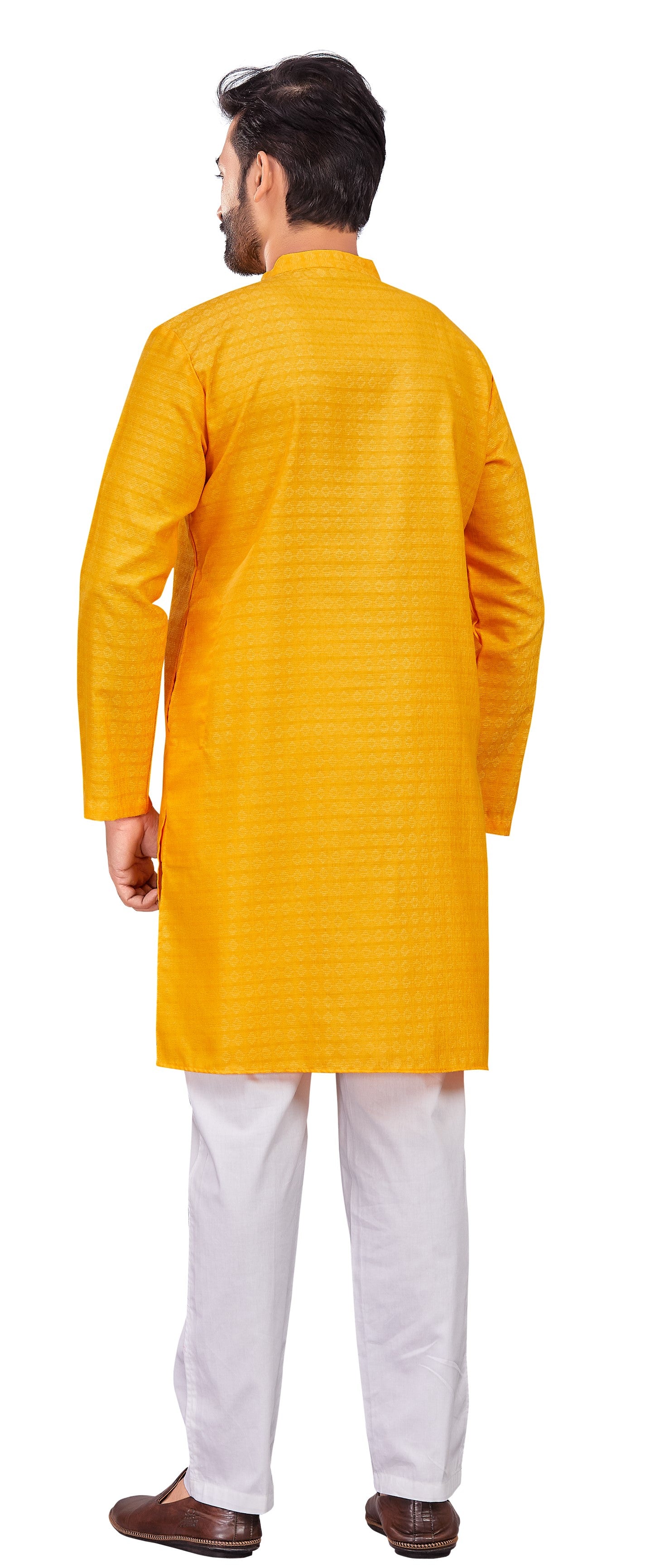 Men's Yellow Cotton Blended Jacquard Knee Length Kurta (Design 194)