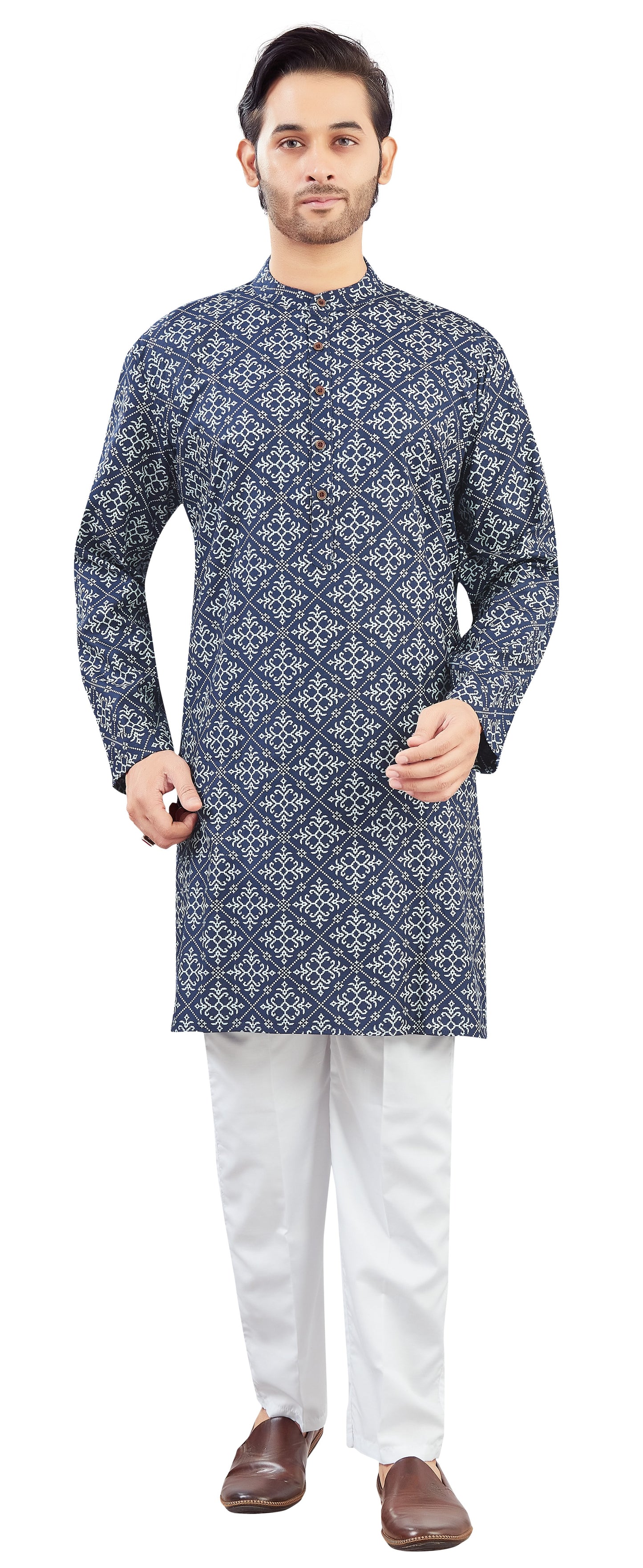 Men's Navy Blue Cotton Printed Knee Length Relax Fit Kurta (Design 201)