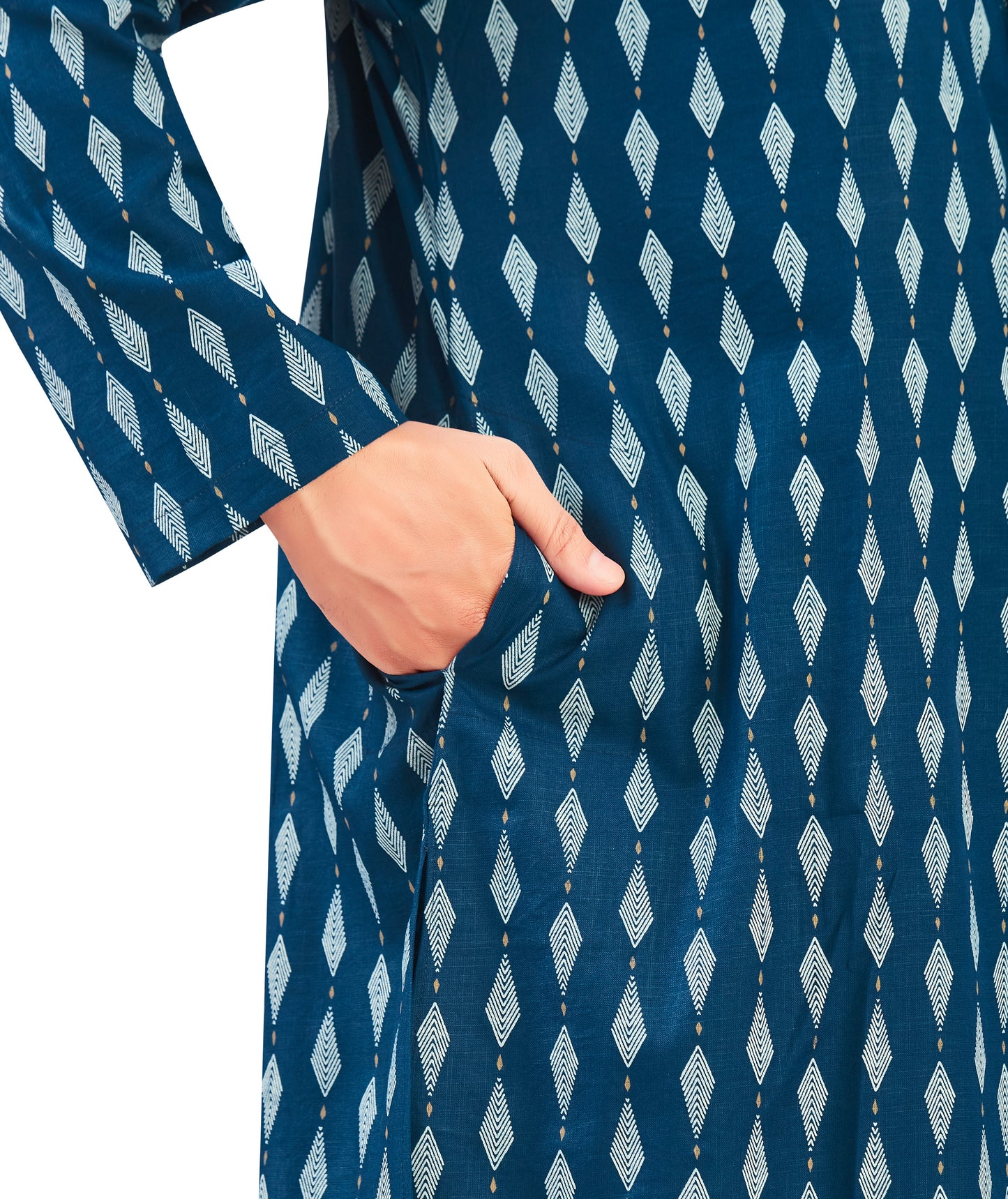 Men's Navy Blue Cotton Bohemian Printed Knee Length Relax Fit Kurta (Design 207)