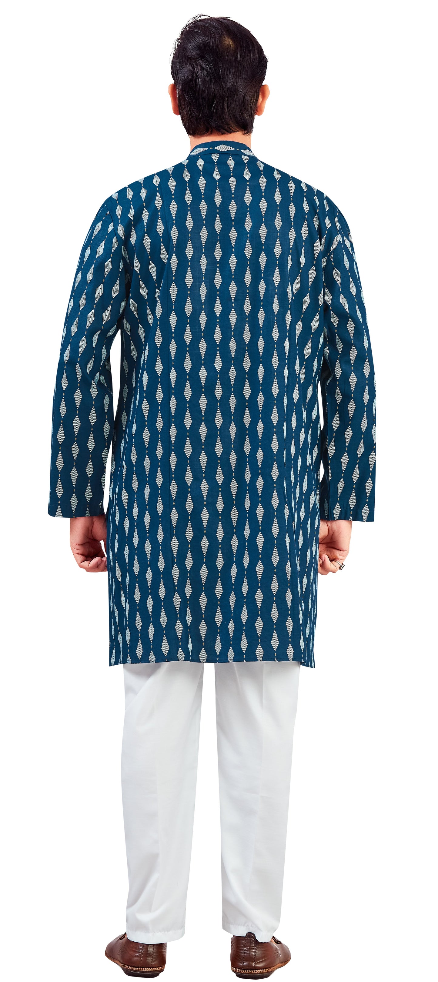 Men's Navy Blue Cotton Bohemian Printed Knee Length Relax Fit Kurta (Design 207)