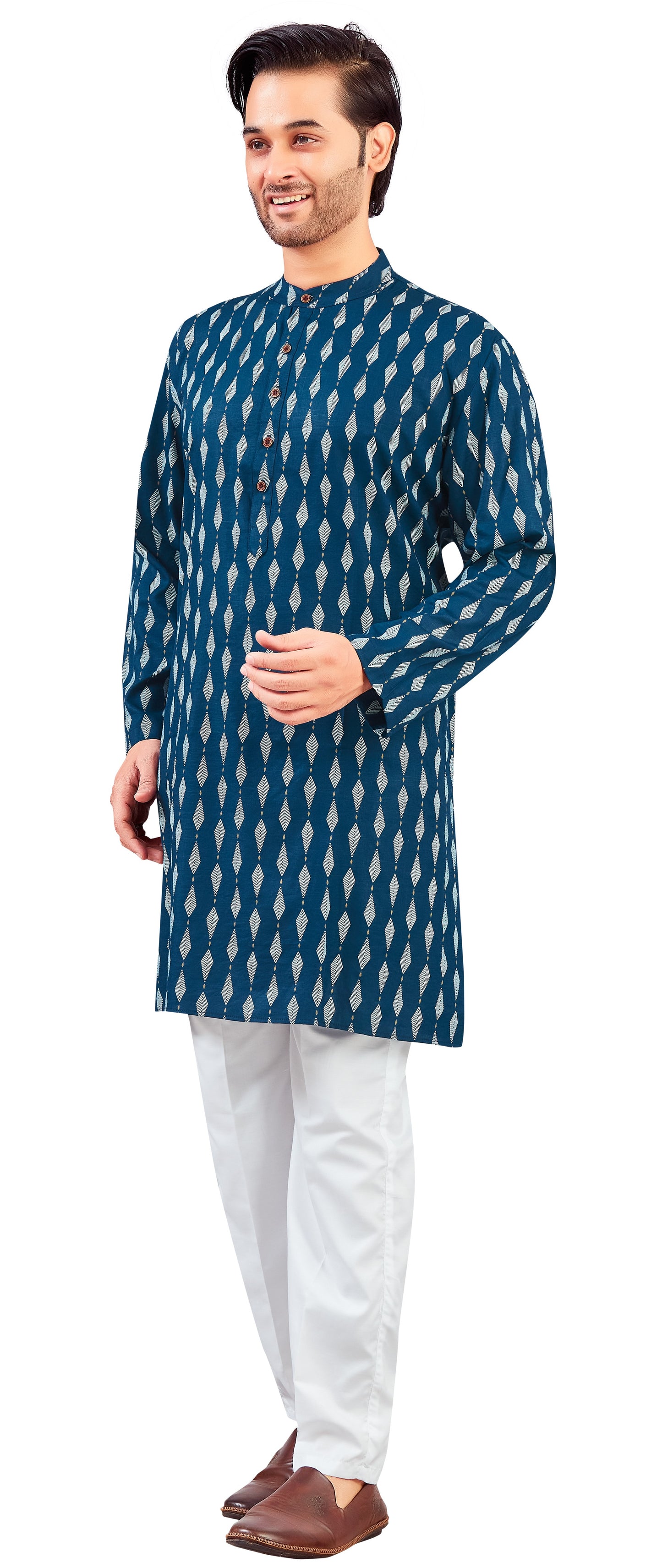 Men's Navy Blue Cotton Bohemian Printed Knee Length Relax Fit Kurta (Design 207)