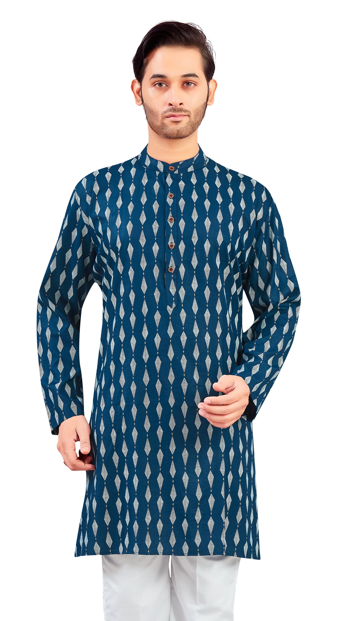 Men's Navy Blue Cotton Bohemian Printed Knee Length Relax Fit Kurta (Design 207)