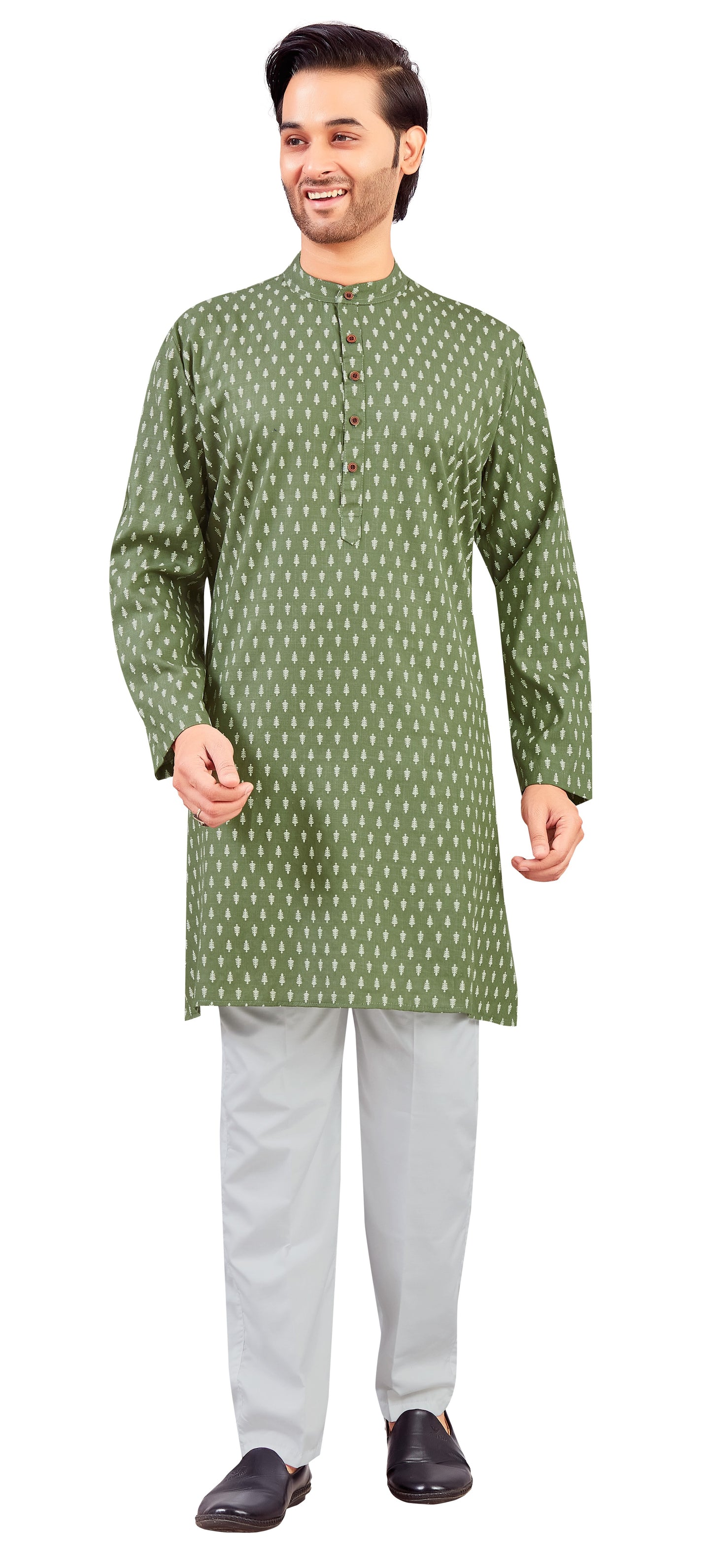 Men's Olive Green Cotton Printed Knee Length Relax Fit Kurta (Design 209)