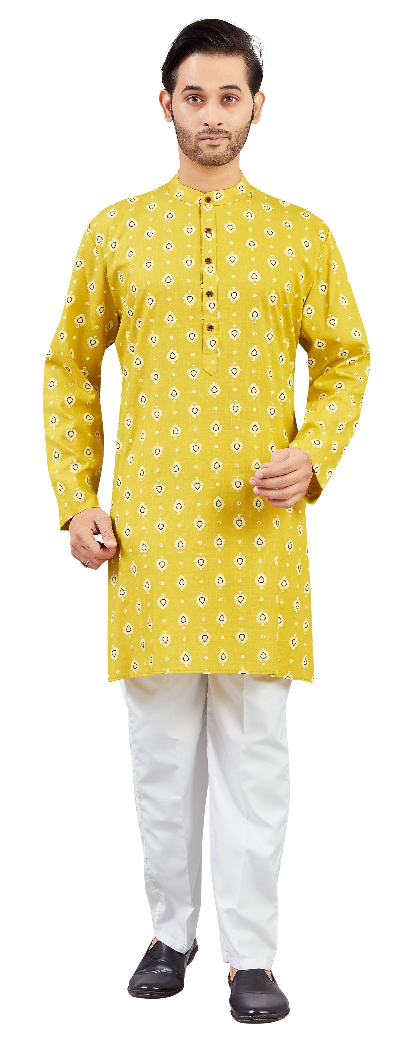 Men's Haldi Yellow Cotton Printed Knee Length Relax Fit Kurta (Design 214)