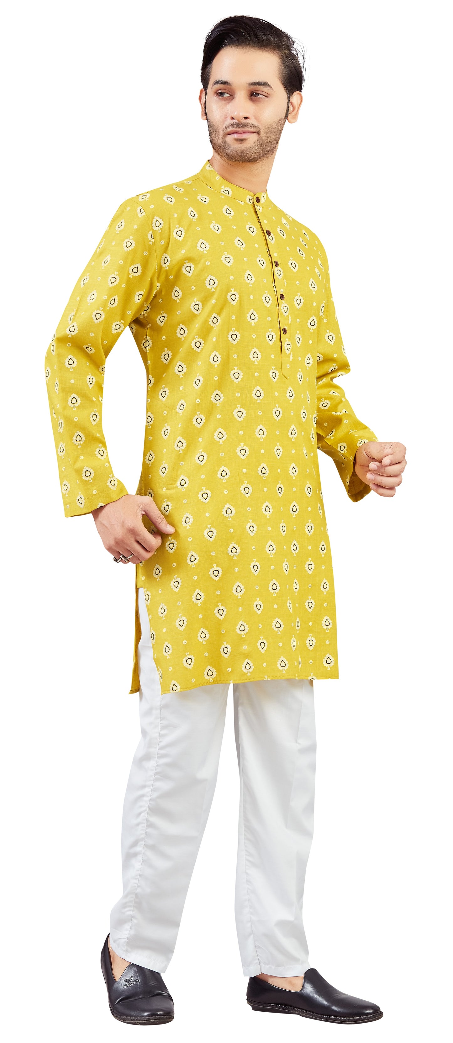 Men's Haldi Yellow Cotton Printed Knee Length Relax Fit Kurta (Design 214)