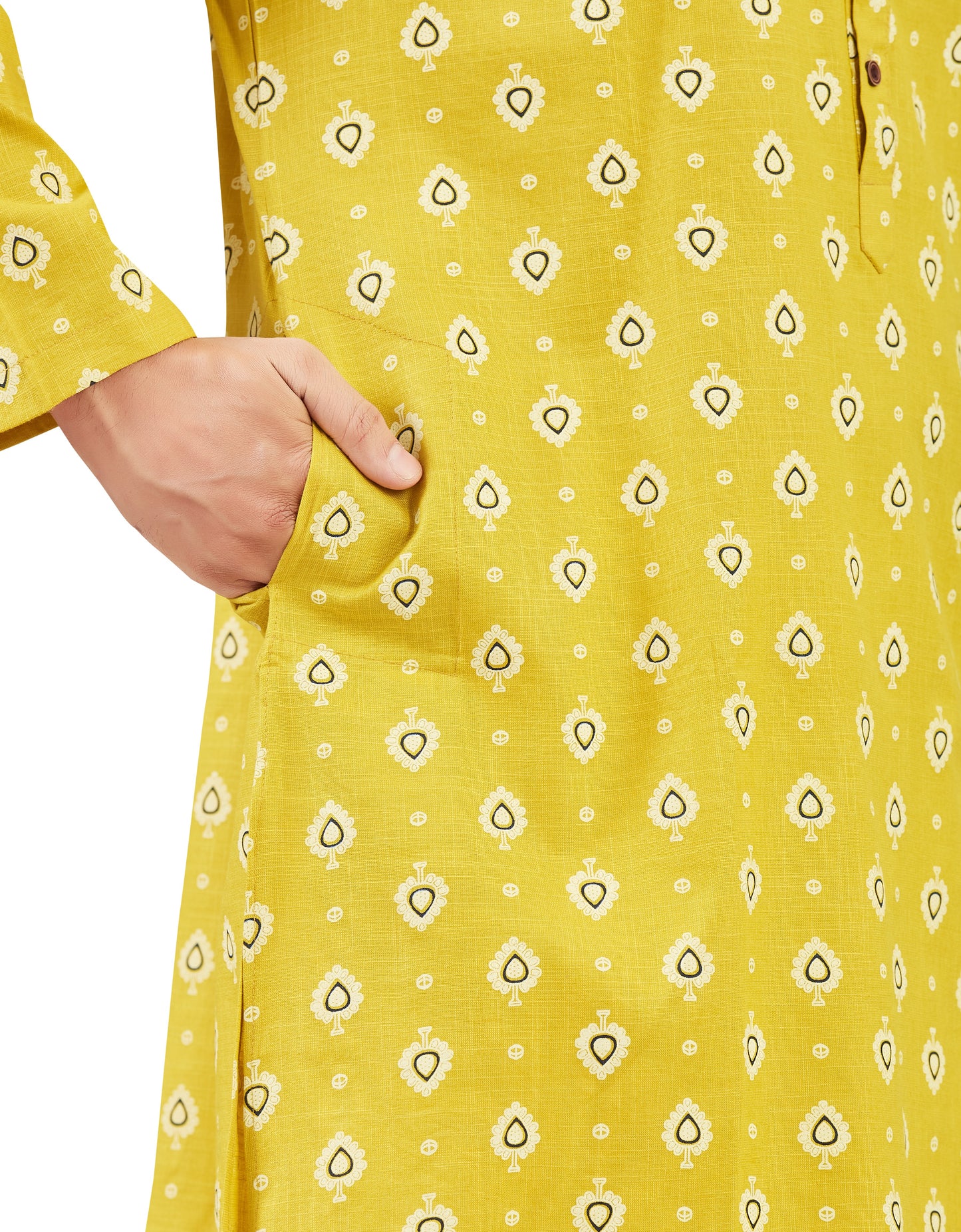 Men's Haldi Yellow Cotton Printed Knee Length Relax Fit Kurta (Design 214)