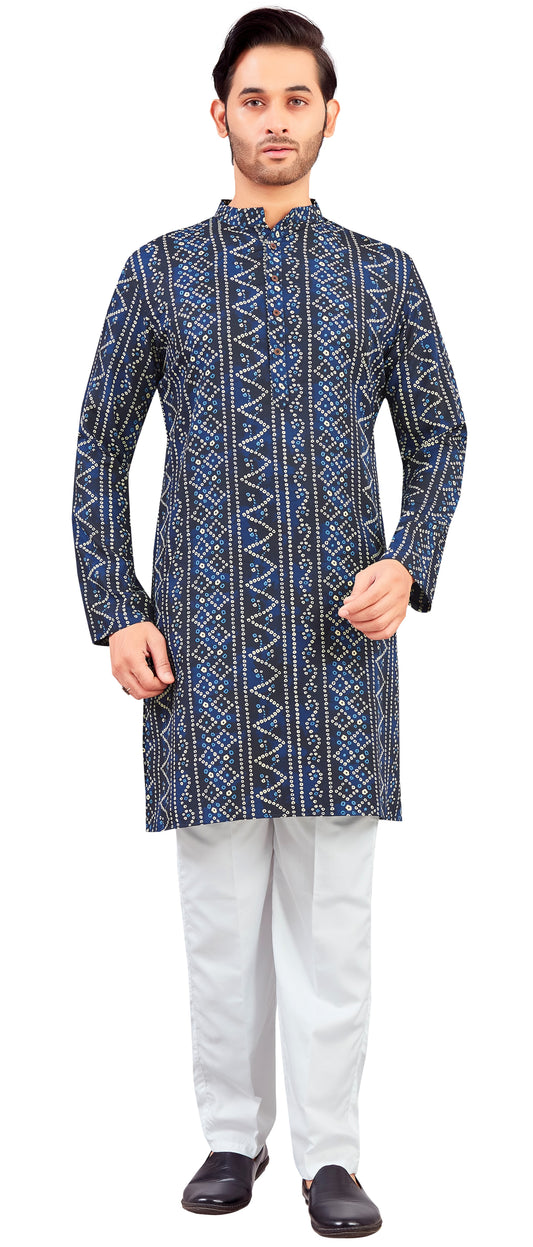 Men's Navy Blue Polyester Relaxed Fit Yellow Bandhni Print Knee Length Kurta (Design 191)
