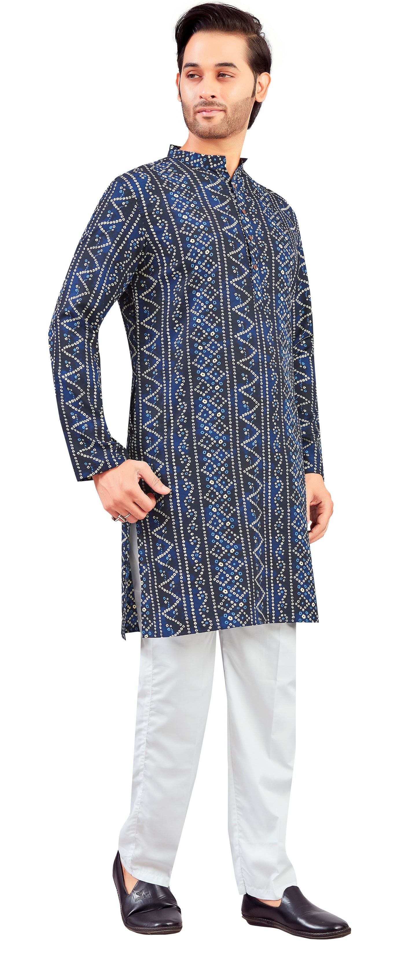 Men's Navy Blue Polyester Relaxed Fit Yellow Bandhni Print Knee Length Kurta (Design 191)