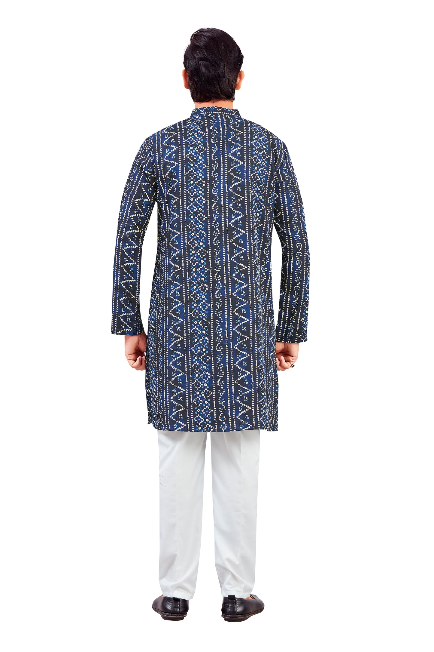 Men's Navy Blue Polyester Relaxed Fit Yellow Bandhni Print Knee Length Kurta (Design 191)