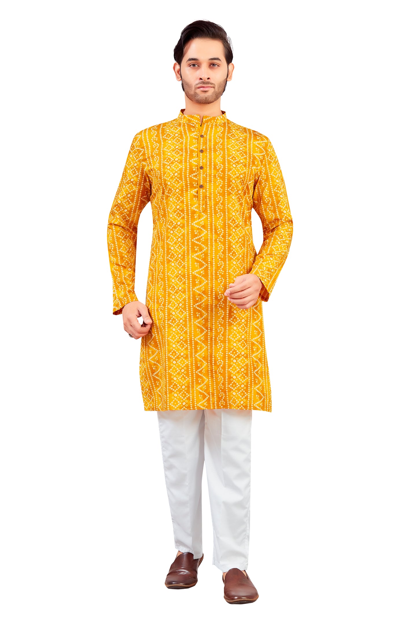 Men's Yellow Polyester Relaxed Fit Yellow Bandhni Print Knee Length Kurta (Design 191)