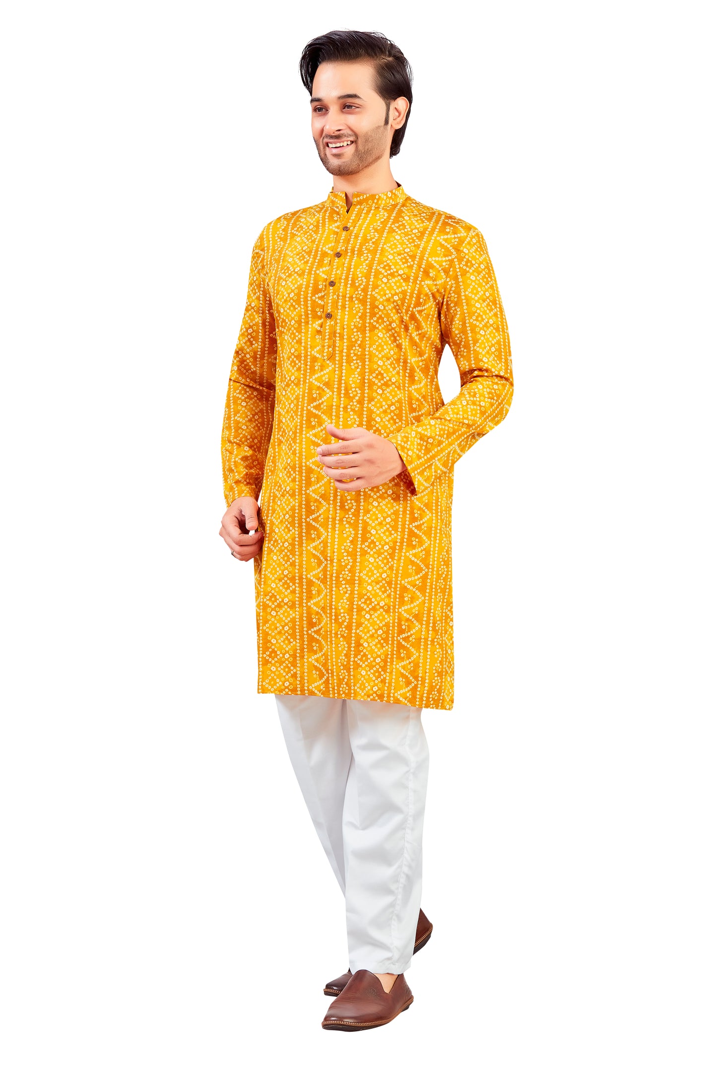 Men's Yellow Polyester Relaxed Fit Yellow Bandhni Print Knee Length Kurta (Design 191)