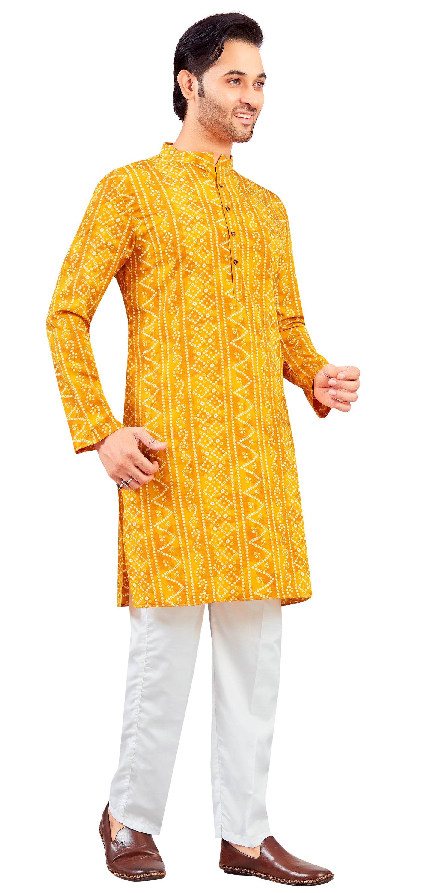 Men's Yellow Polyester Relaxed Fit Yellow Bandhni Print Knee Length Kurta (Design 191)