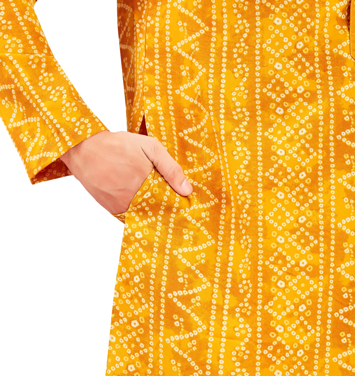 Men's Yellow Polyester Relaxed Fit Yellow Bandhni Print Knee Length Kurta (Design 191)