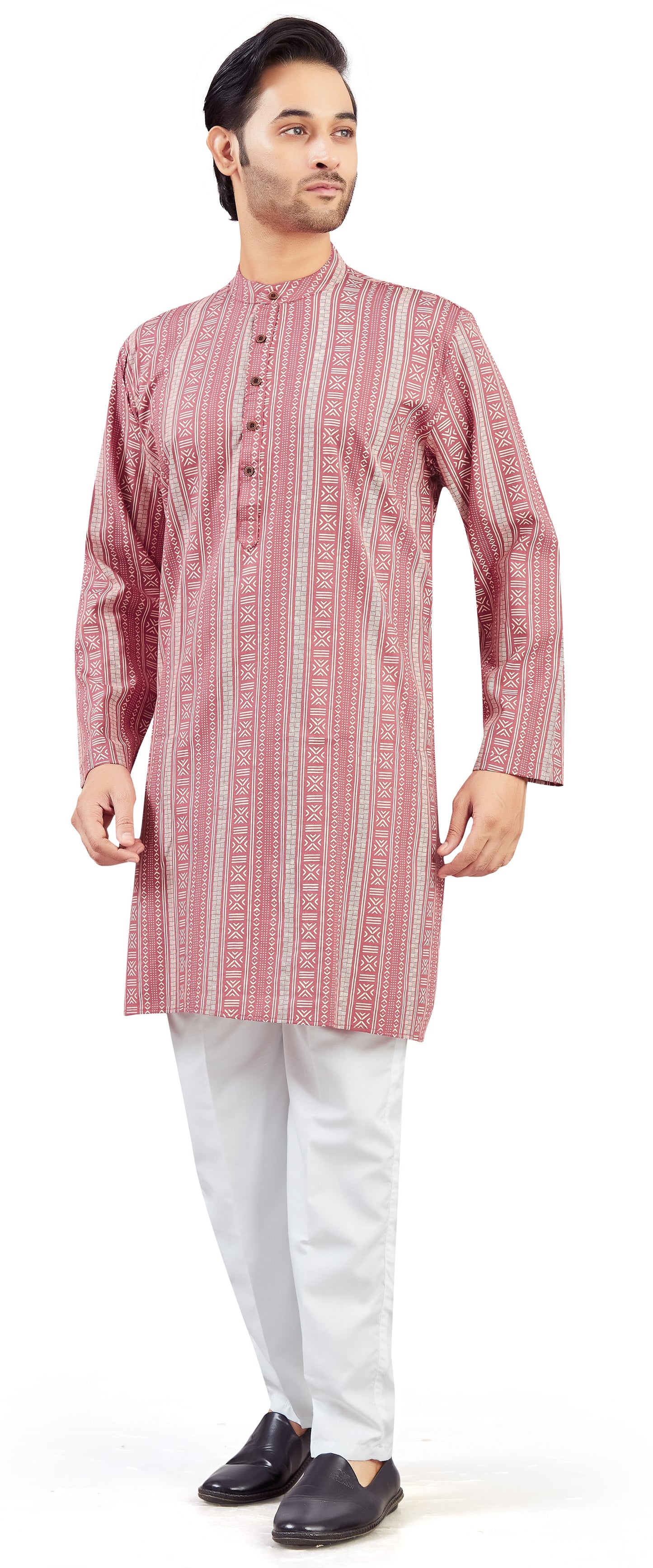 Men's Dusty Pink Cotton Printed Knee Length Relax Fit Kurta (Design 202)