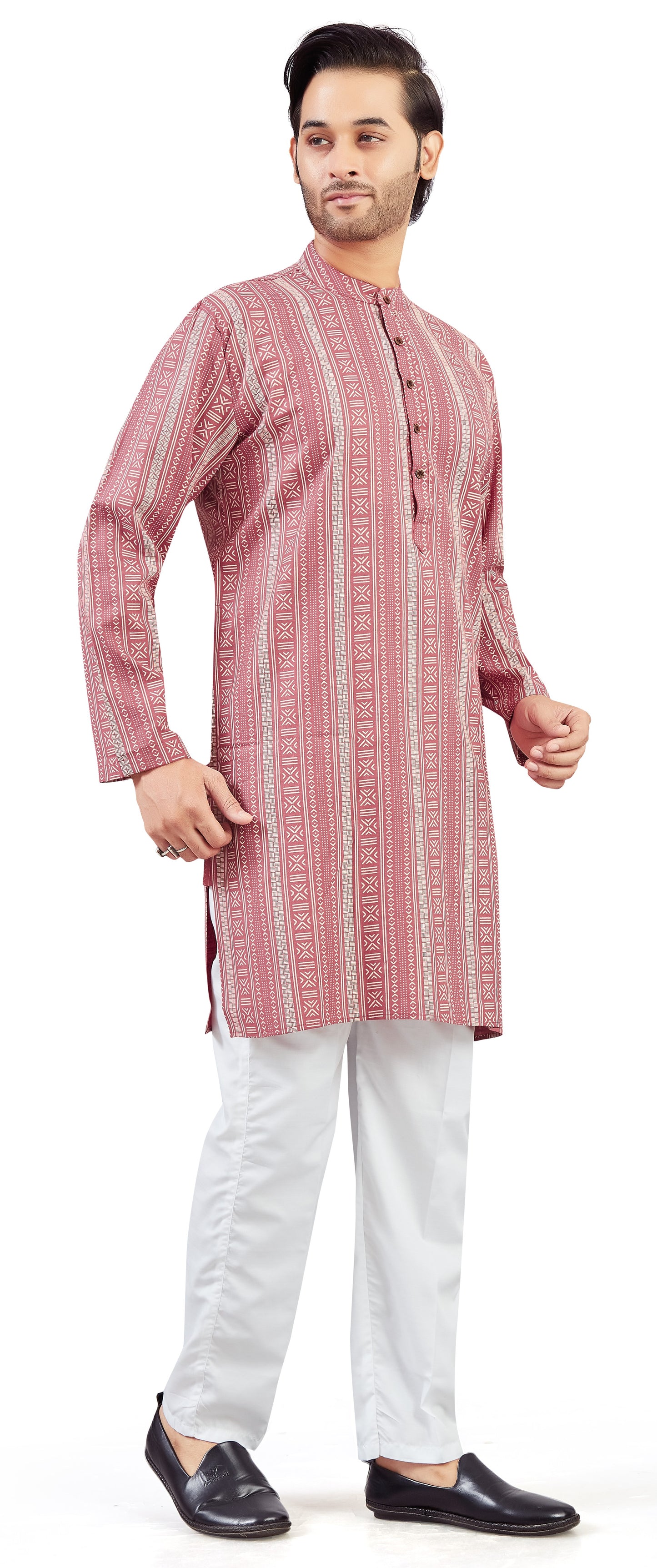 Men's Dusty Pink Cotton Printed Knee Length Relax Fit Kurta (Design 202)