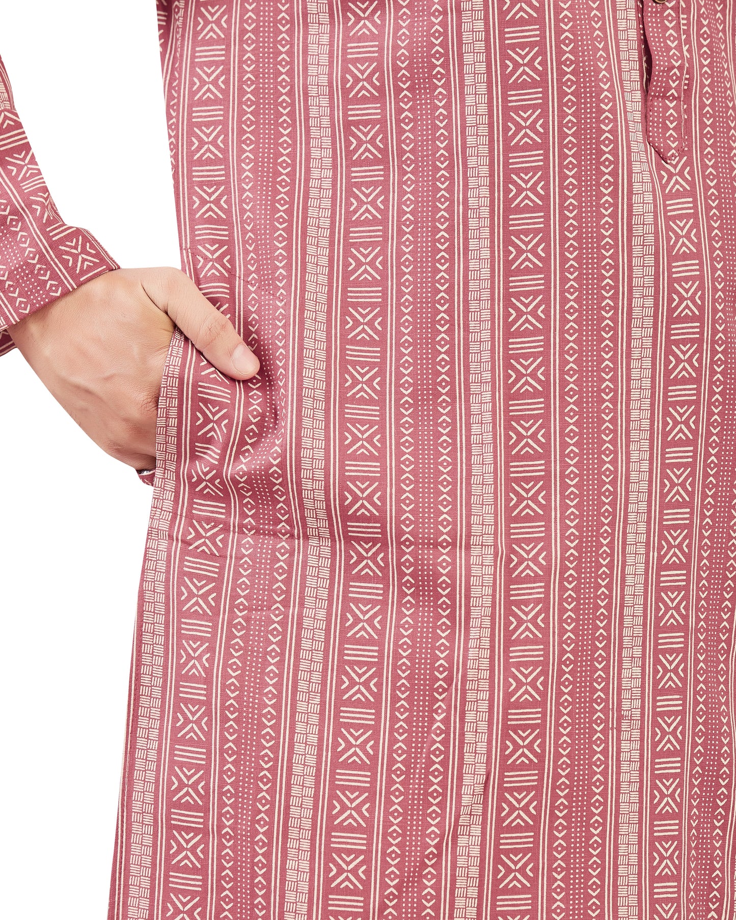 Men's Dusty Pink Cotton Printed Knee Length Relax Fit Kurta (Design 202)