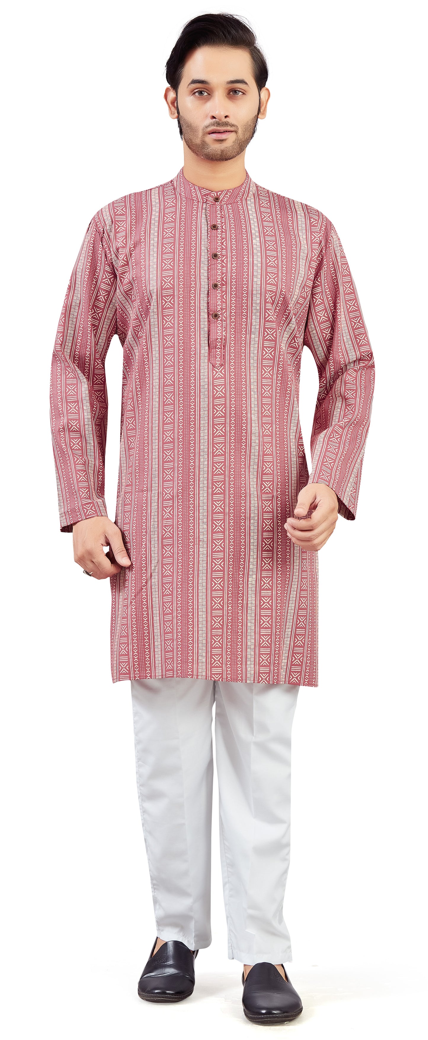 Men's Dusty Pink Cotton Printed Knee Length Relax Fit Kurta (Design 202)