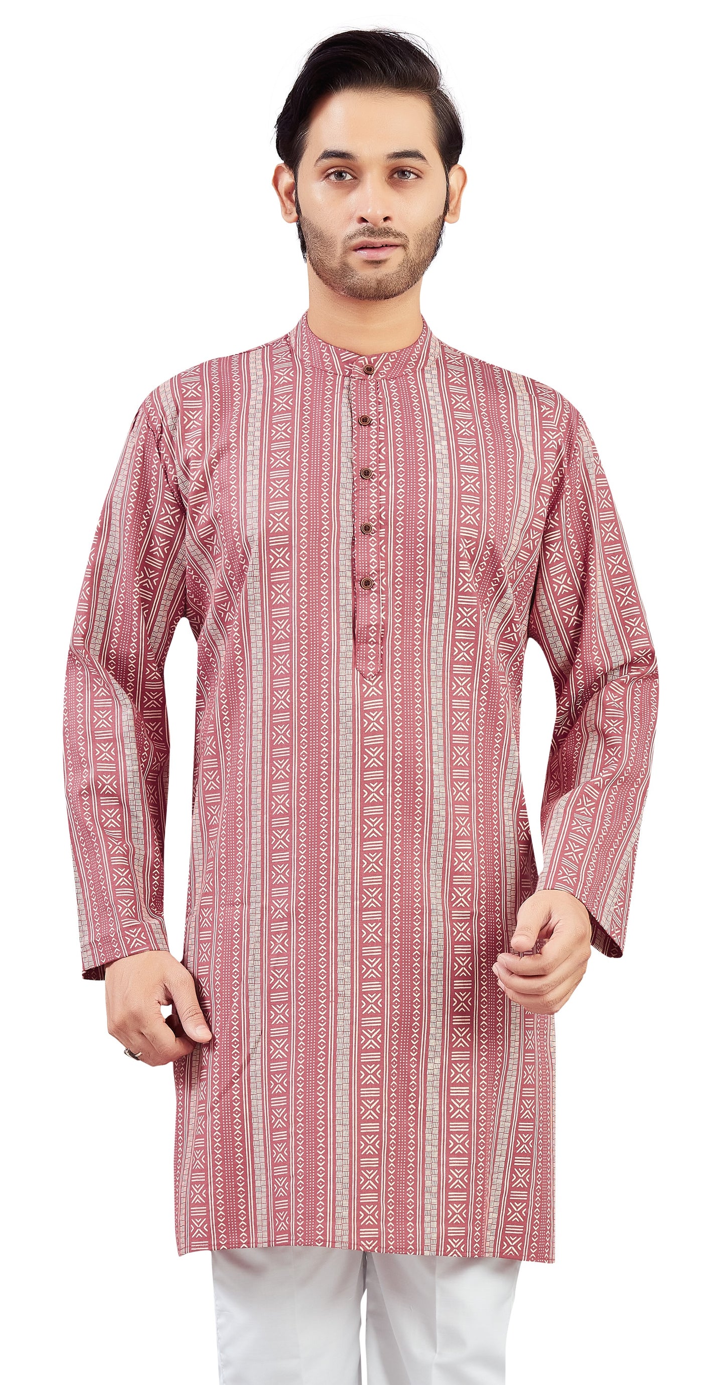 Men's Dusty Pink Cotton Printed Knee Length Relax Fit Kurta (Design 202)