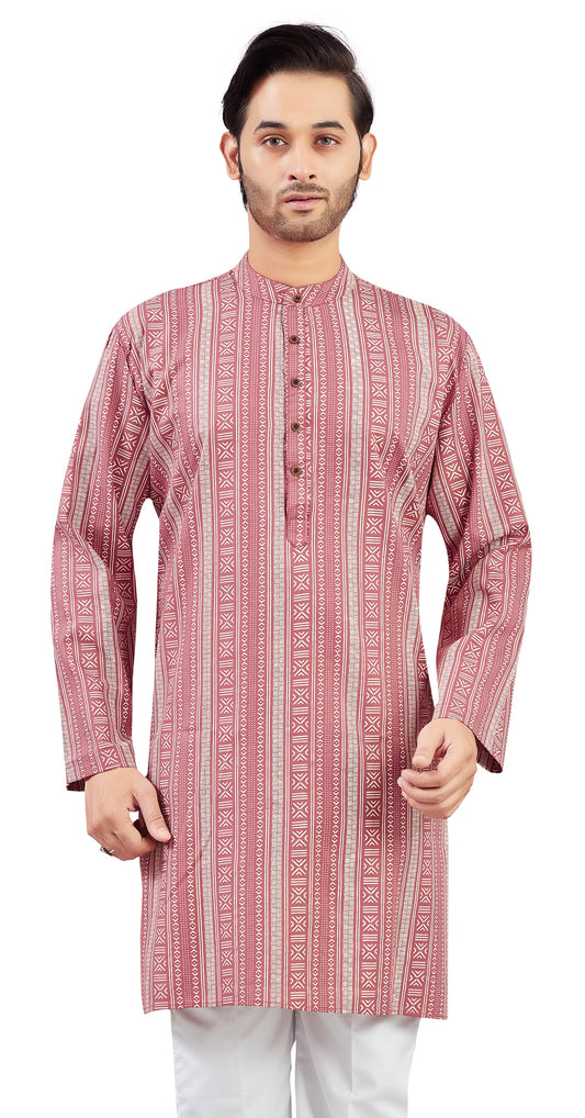 Men's Dusty Pink Cotton Printed Knee Length Relax Fit Kurta (Design 202)